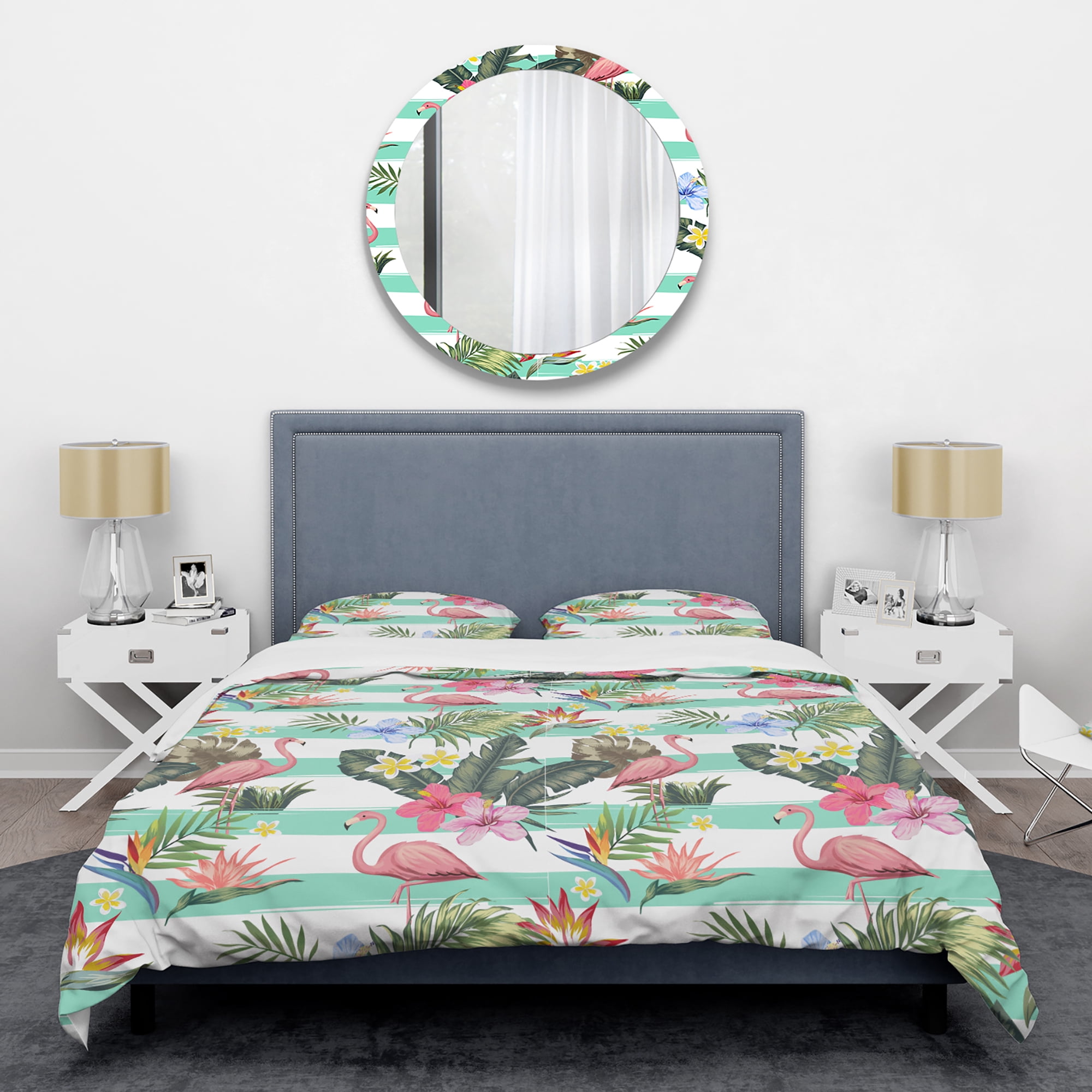 Designart 'Tropical Botanicals, Flowers And Flamingo' Mid-Century Modern Duvet Cover Set