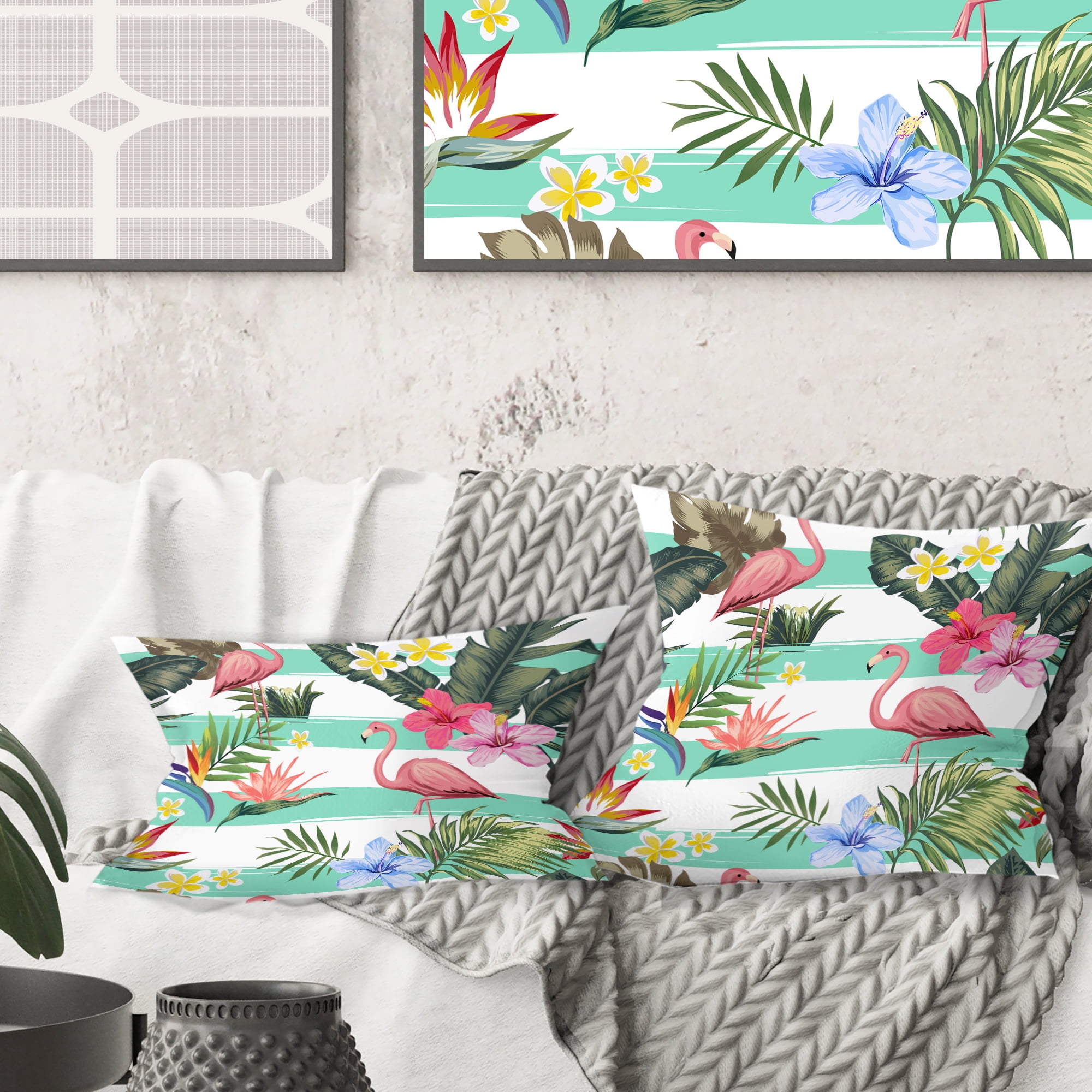 Designart Tropical Botanicals, Flowers And Flamingo' Mid-Century Modern Throw Pillow - 18x18