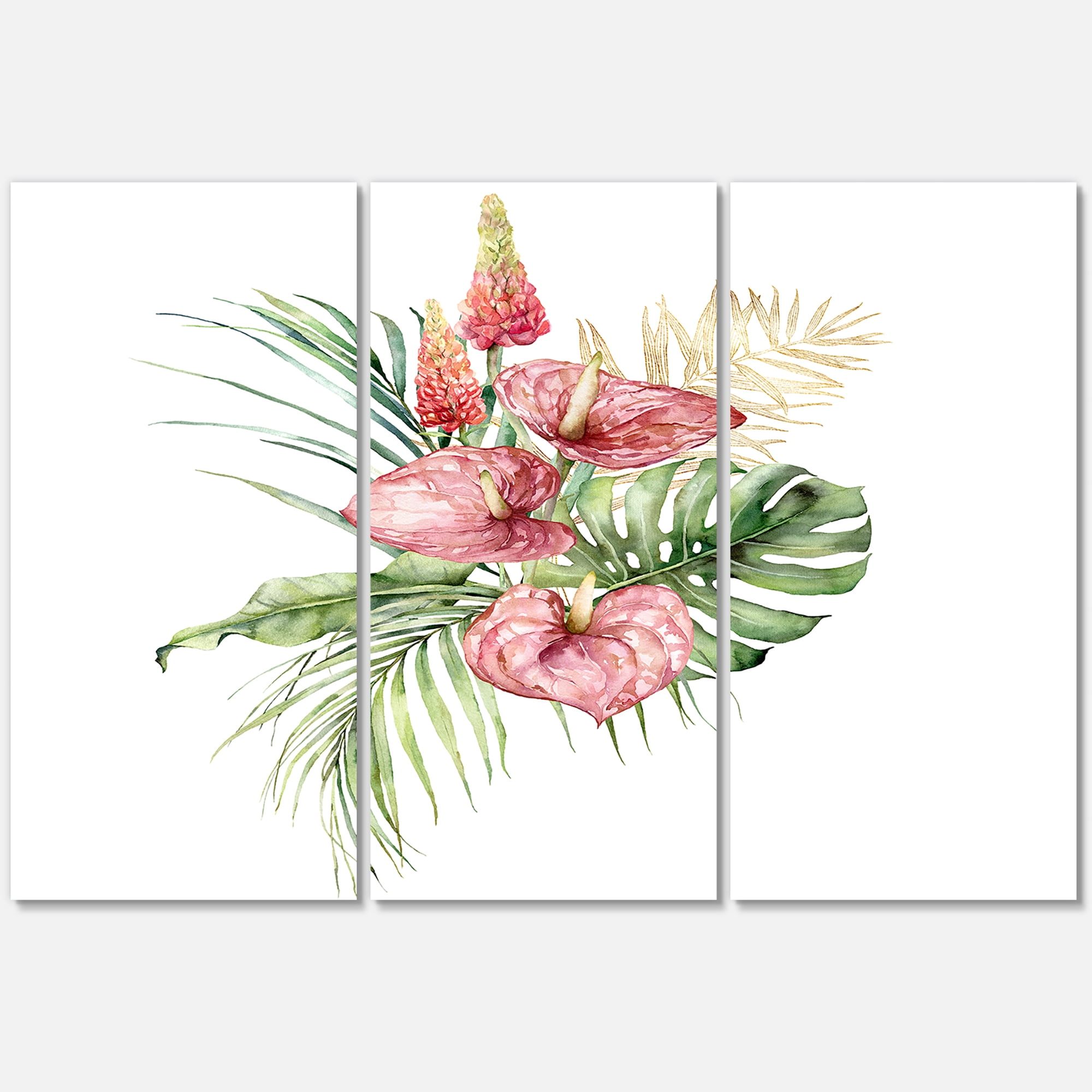 Designart ' Tropical Bouquet With Anthurium Lupine and Leaves On White I ' Traditional Canvas Wall Art Print