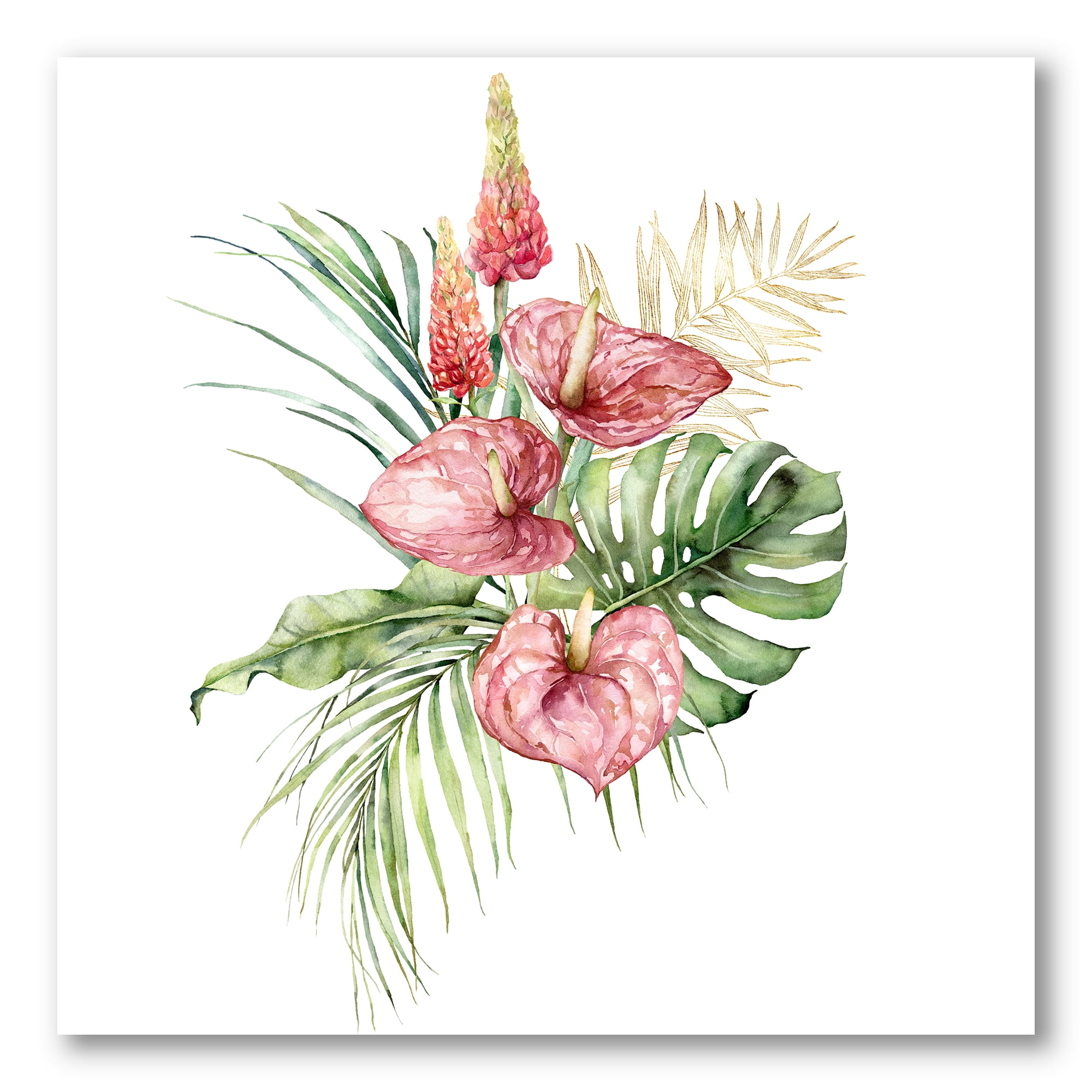 Designart ' Tropical Bouquet With Anthurium Lupine and Leaves On White I ' Traditional Canvas Wall Art Print
