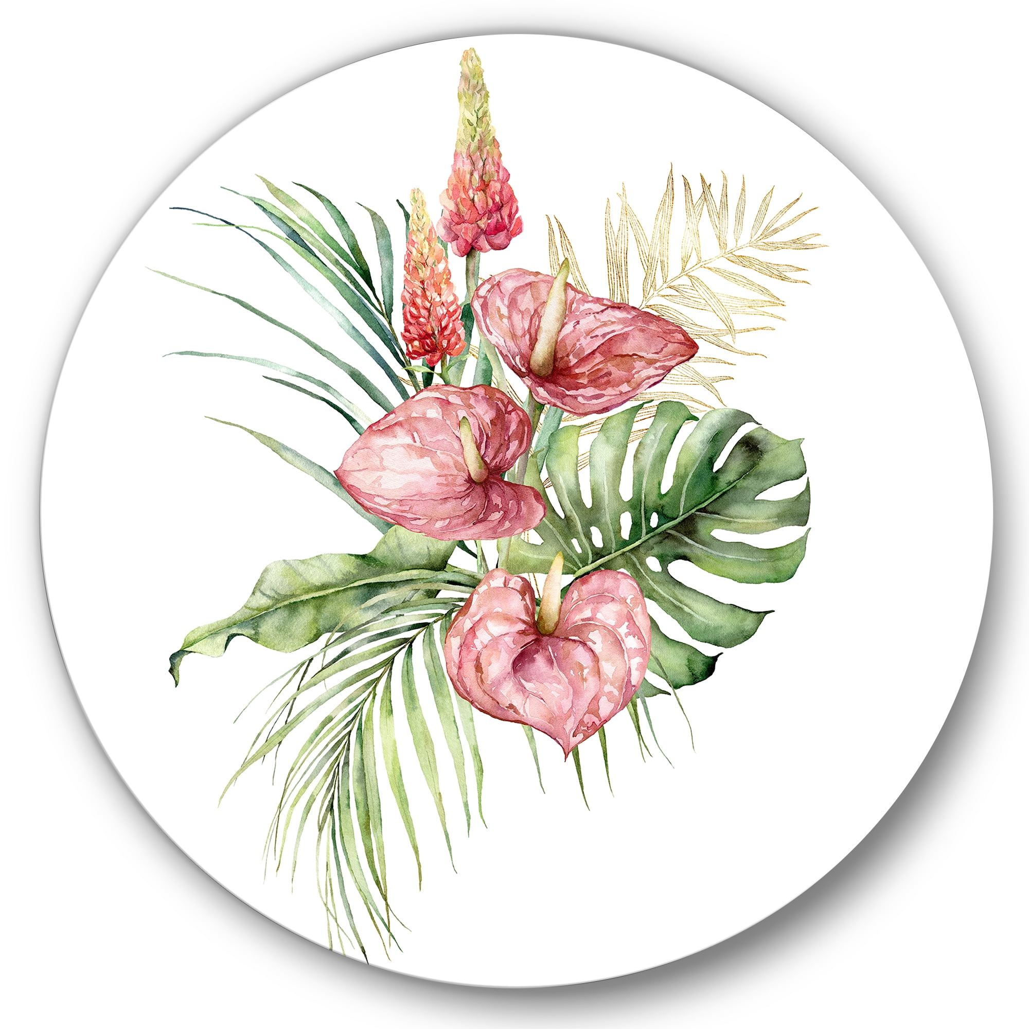 Designart 'Tropical Bouquet With Anthurium Lupine and Leaves On White I' Traditional Circle Metal Wall Art 23x23 - Disc of 23