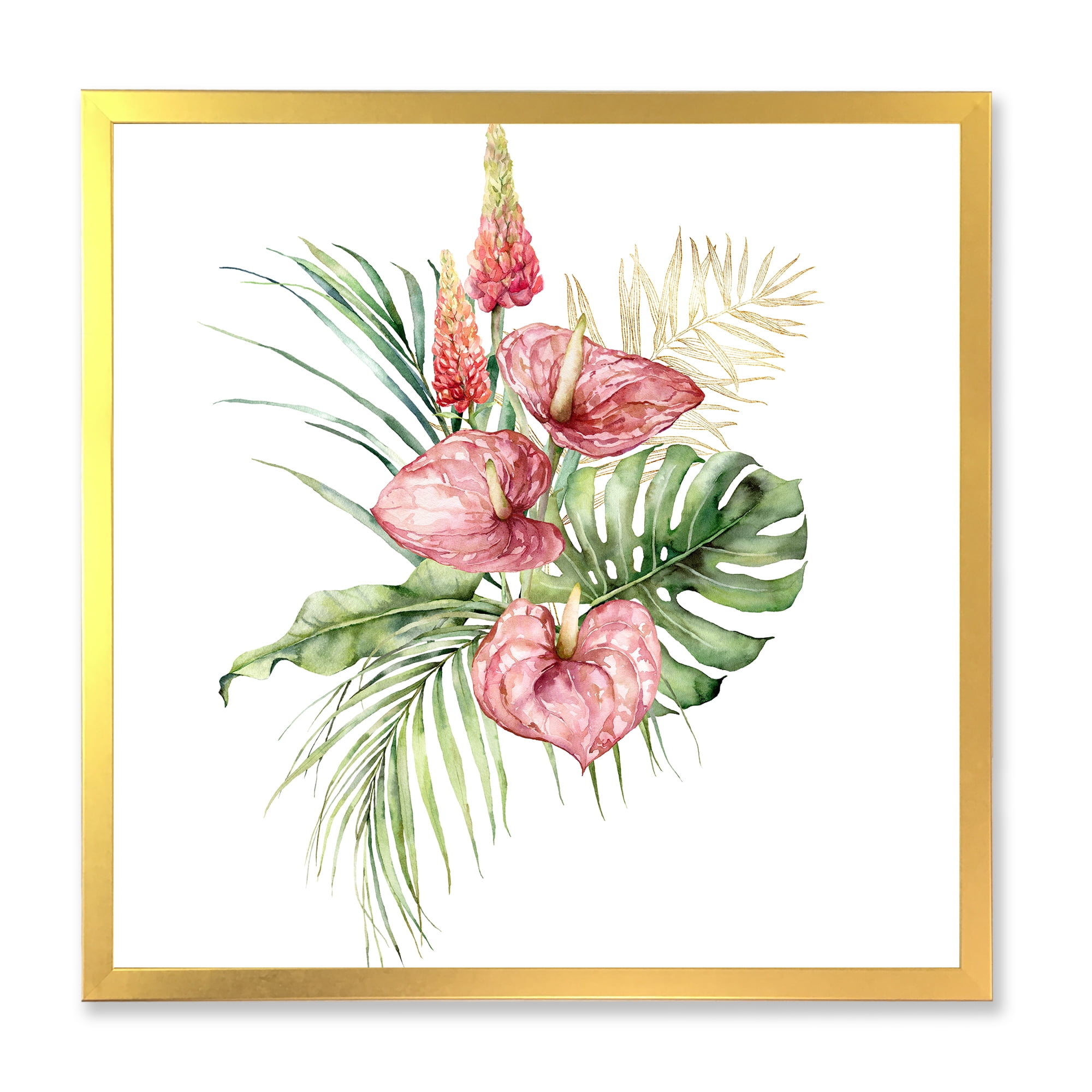 Designart 'Tropical Bouquet With Anthurium Lupine and Leaves On White I' Traditional Framed Art Print