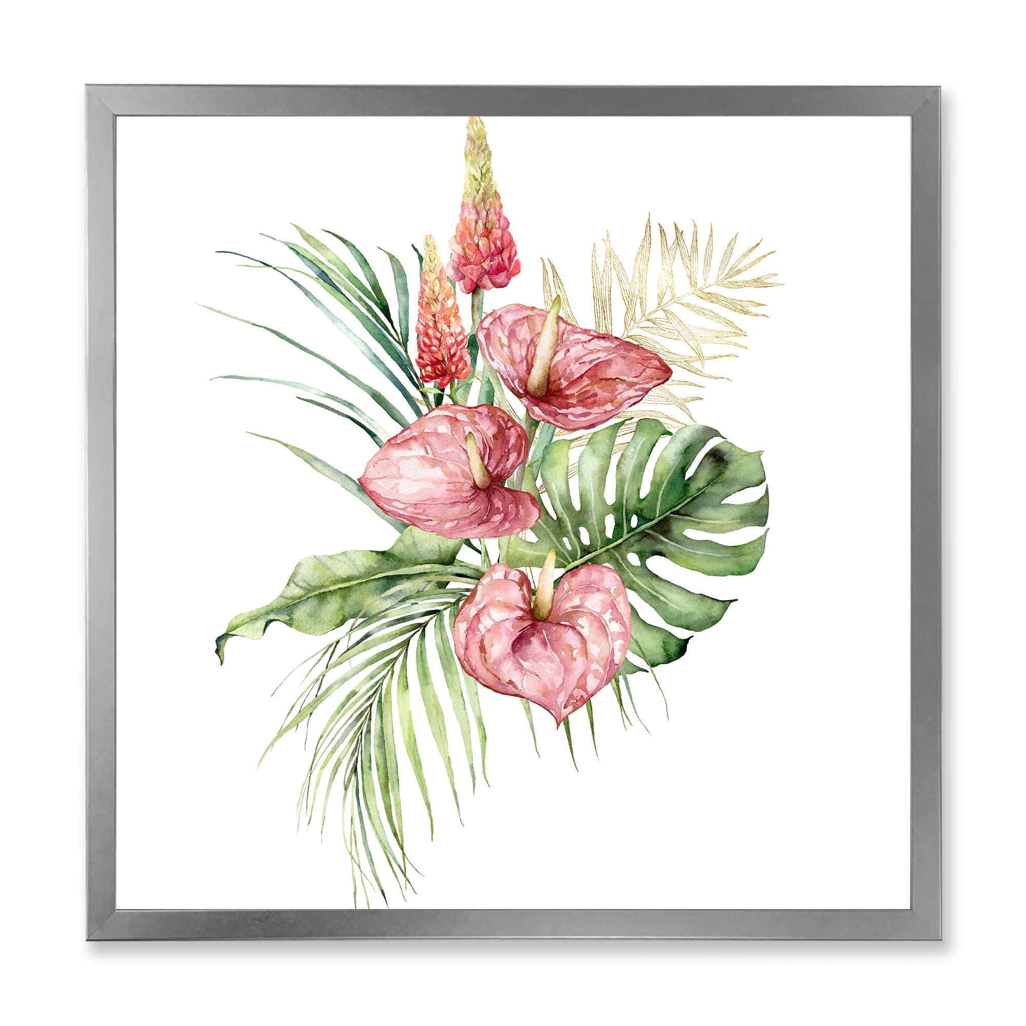 Designart 'Tropical Bouquet With Anthurium Lupine and Leaves On White I' Traditional Framed Art Print