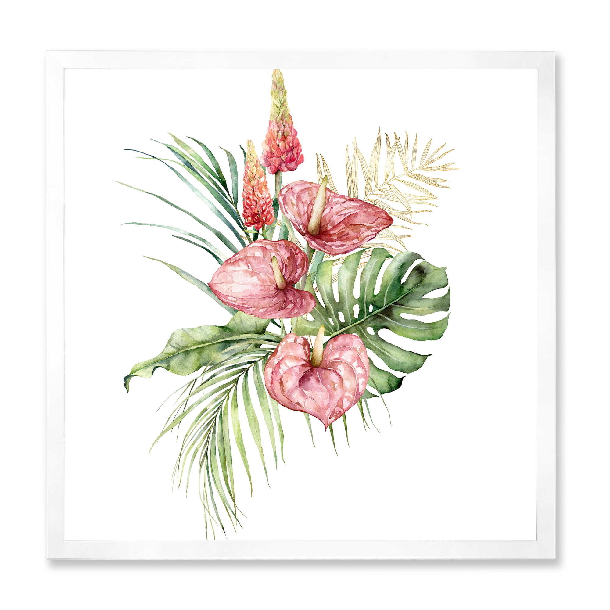 Designart 'Tropical Bouquet With Anthurium Lupine and Leaves On White I' Traditional Framed Art Print
