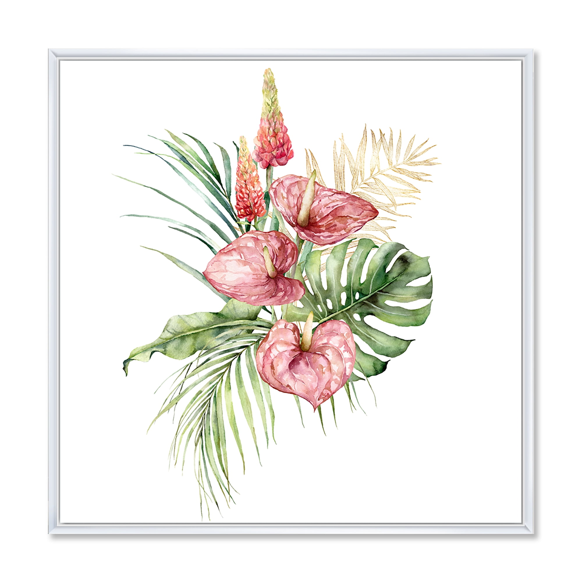Designart 'Tropical Bouquet With Anthurium Lupine and Leaves On White I' Traditional Framed Canvas Wall Art Print