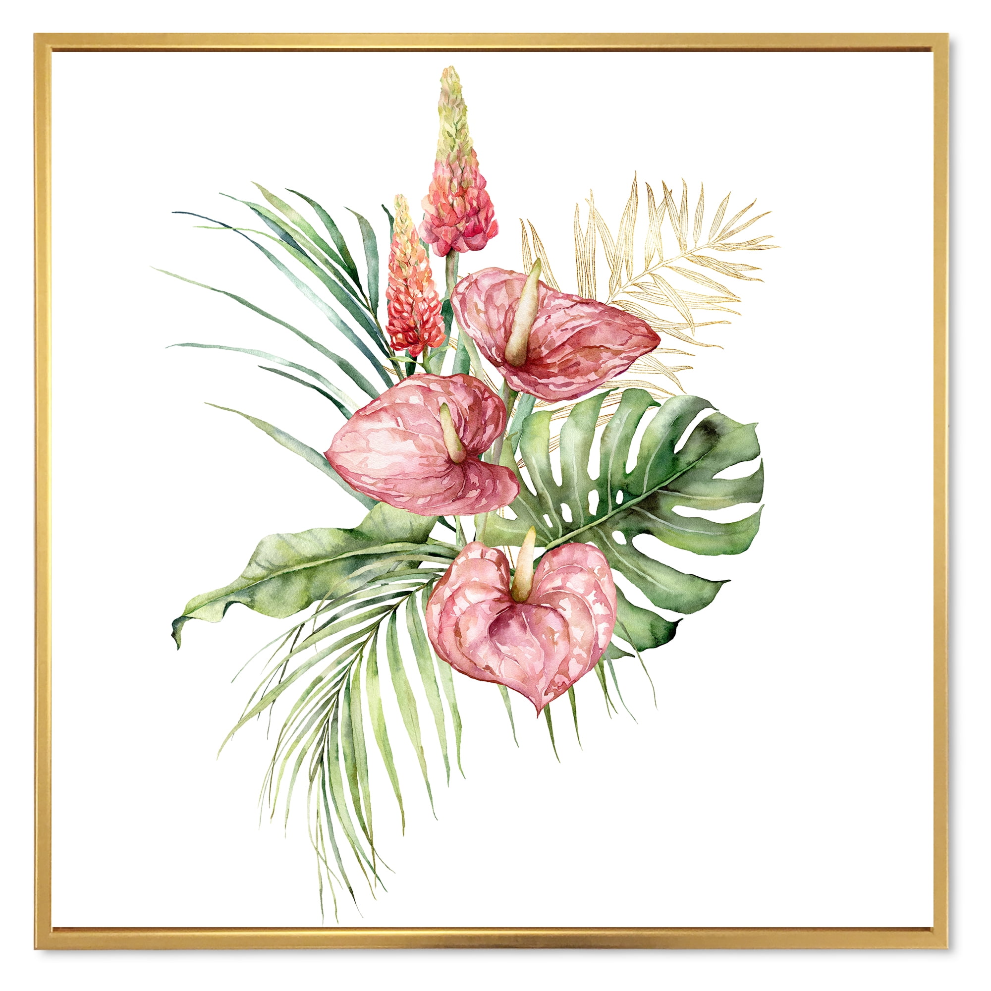 Designart 'Tropical Bouquet With Anthurium Lupine and Leaves On White I' Traditional Framed Canvas Wall Art Print