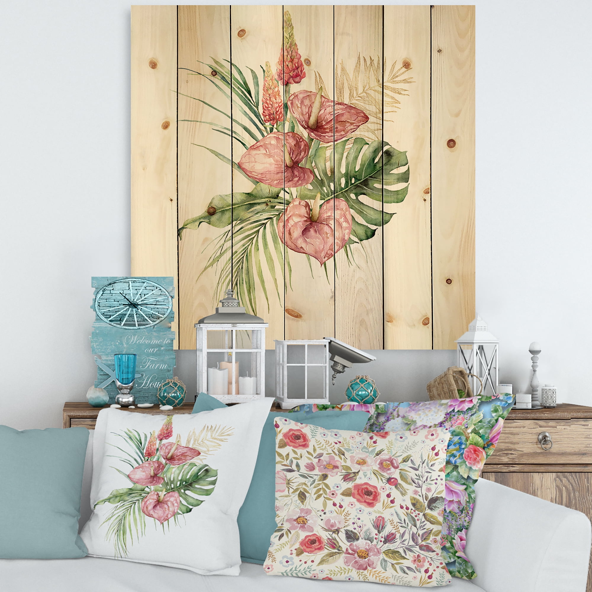 Designart 'Tropical Bouquet With Anthurium Lupine and Leaves On White I' Traditional Print on Natural Pine Wood