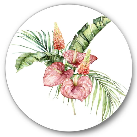 Designart 'Tropical Bouquet With Anthurium Lupine and Leaves On White II' Traditional Circle Metal Wall Art 11x11 - Disc of 11