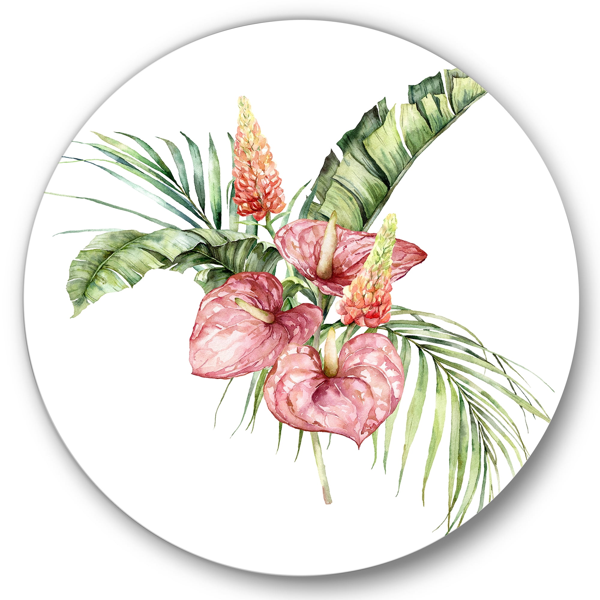Designart 'Tropical Bouquet With Anthurium Lupine and Leaves On White II' Traditional Circle Metal Wall Art 36x36 - Disc of 36