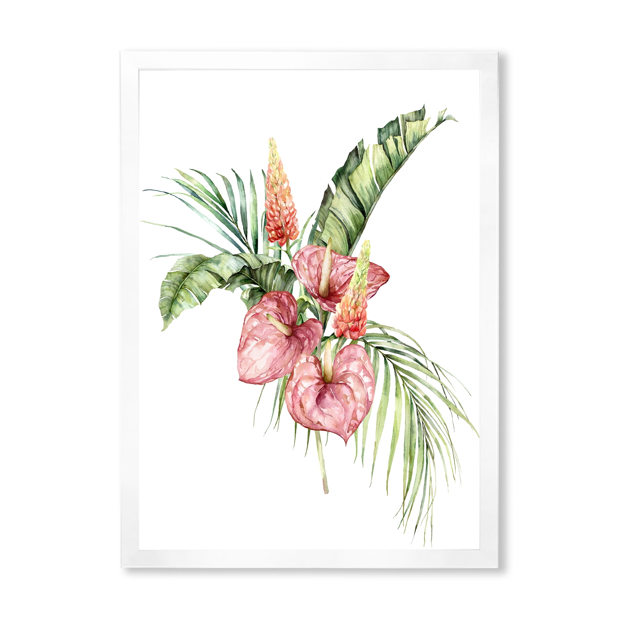 Designart 'Tropical Bouquet With Anthurium Lupine and Leaves On White II' Traditional Framed Art Print