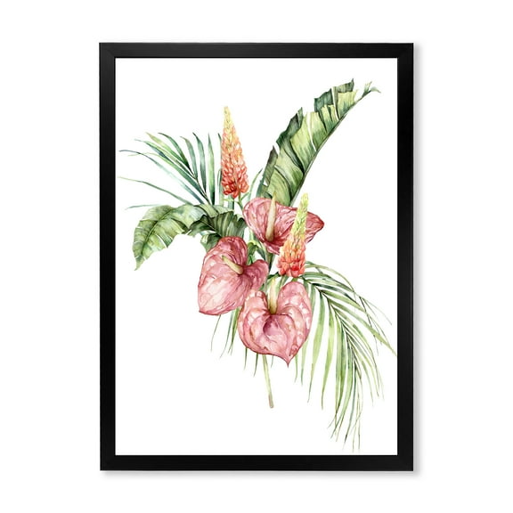 Designart 'Tropical Bouquet With Anthurium Lupine and Leaves On White II' Traditional Framed Art Print