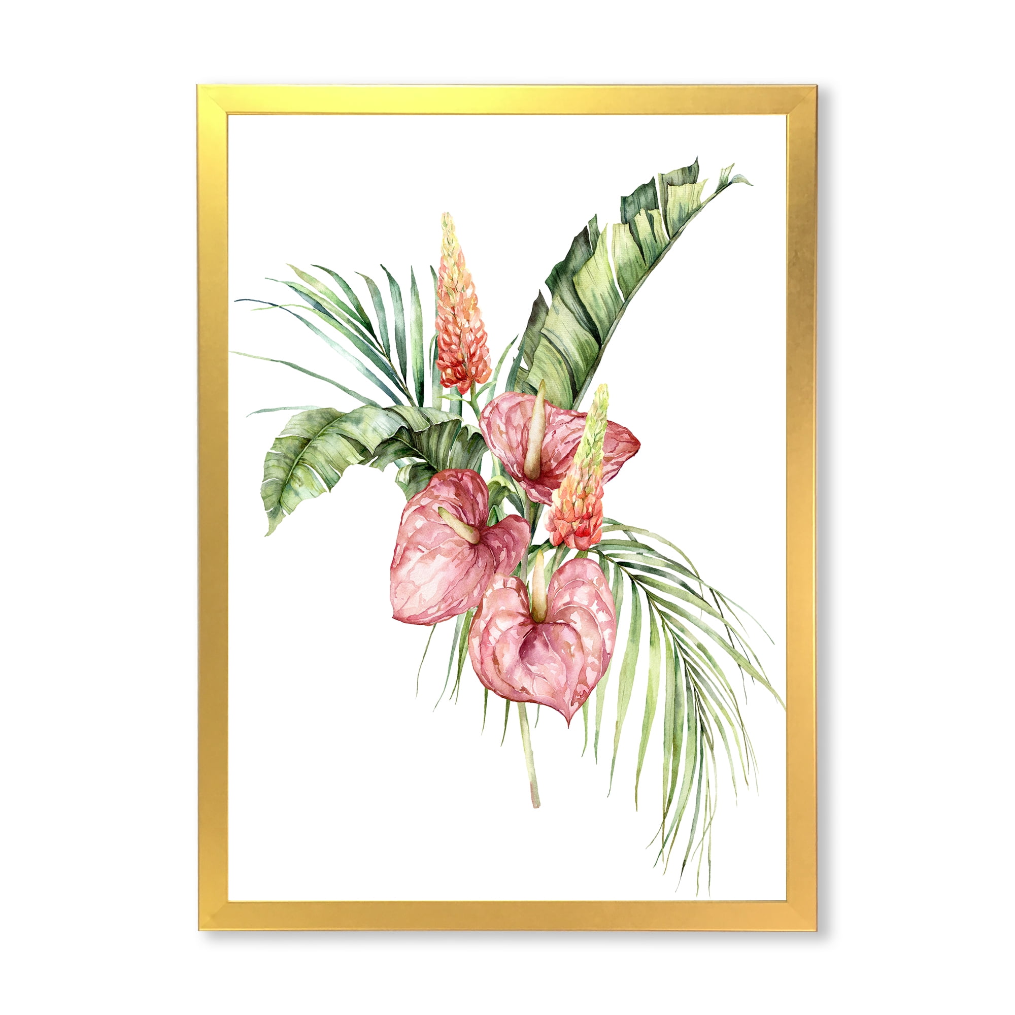 Designart 'Tropical Bouquet With Anthurium Lupine and Leaves On White II' Traditional Framed Art Print