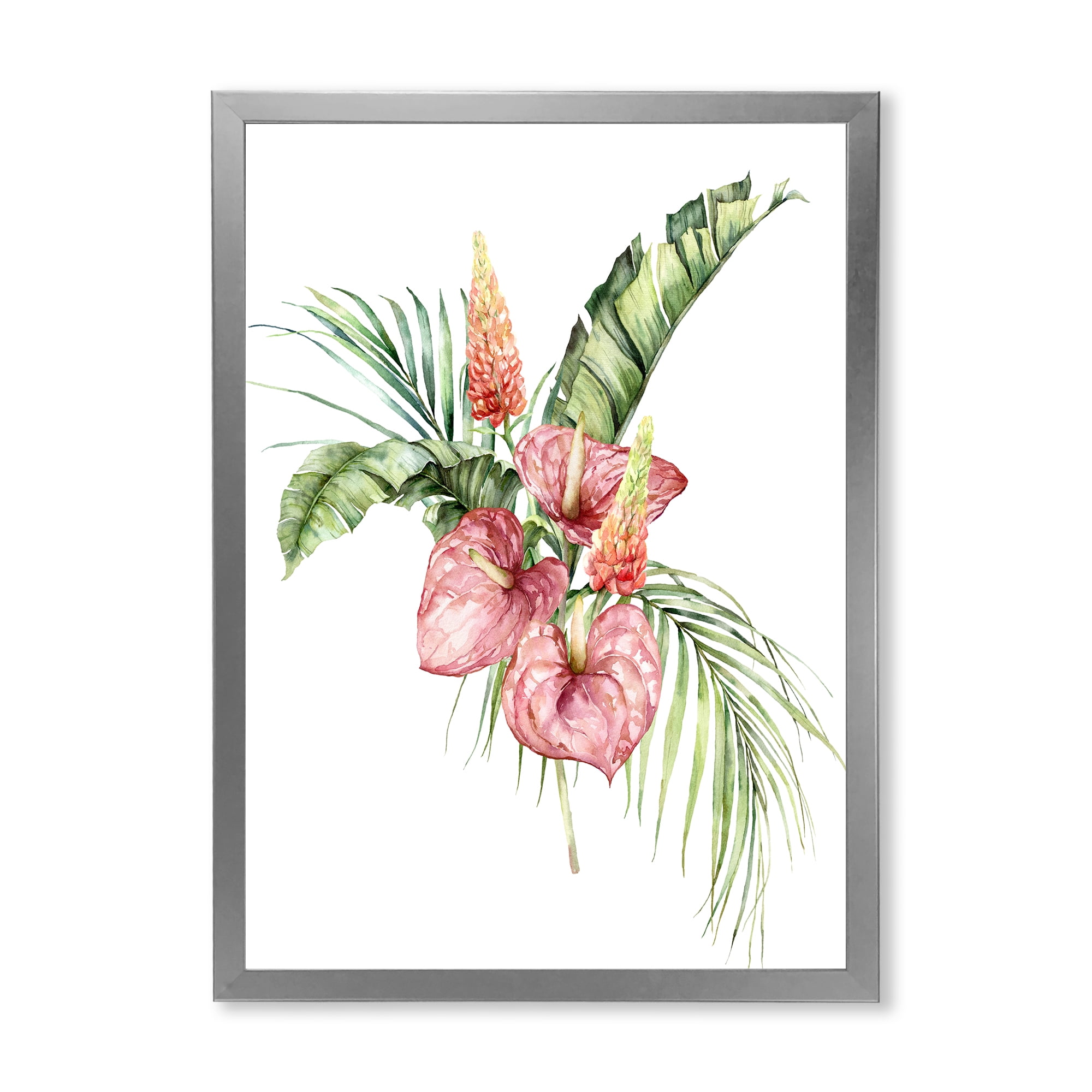 Designart 'Tropical Bouquet With Anthurium Lupine and Leaves On White II' Traditional Framed Art Print