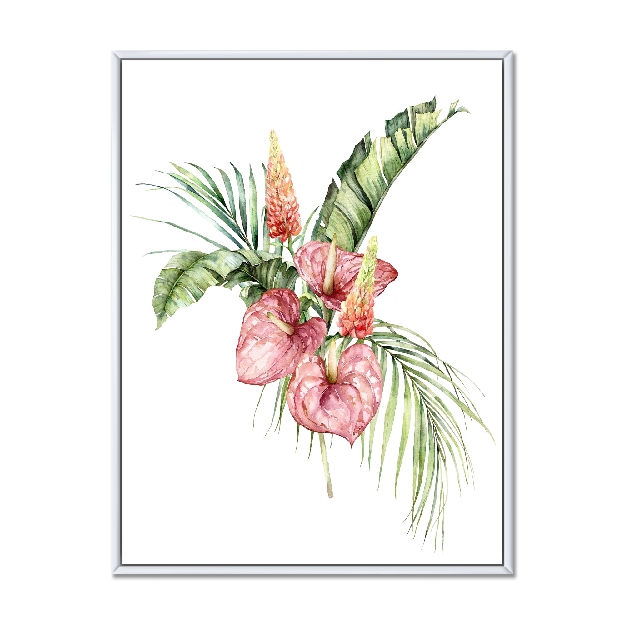 Designart 'Tropical Bouquet With Anthurium Lupine and Leaves On White II' Traditional Framed Canvas Wall Art Print