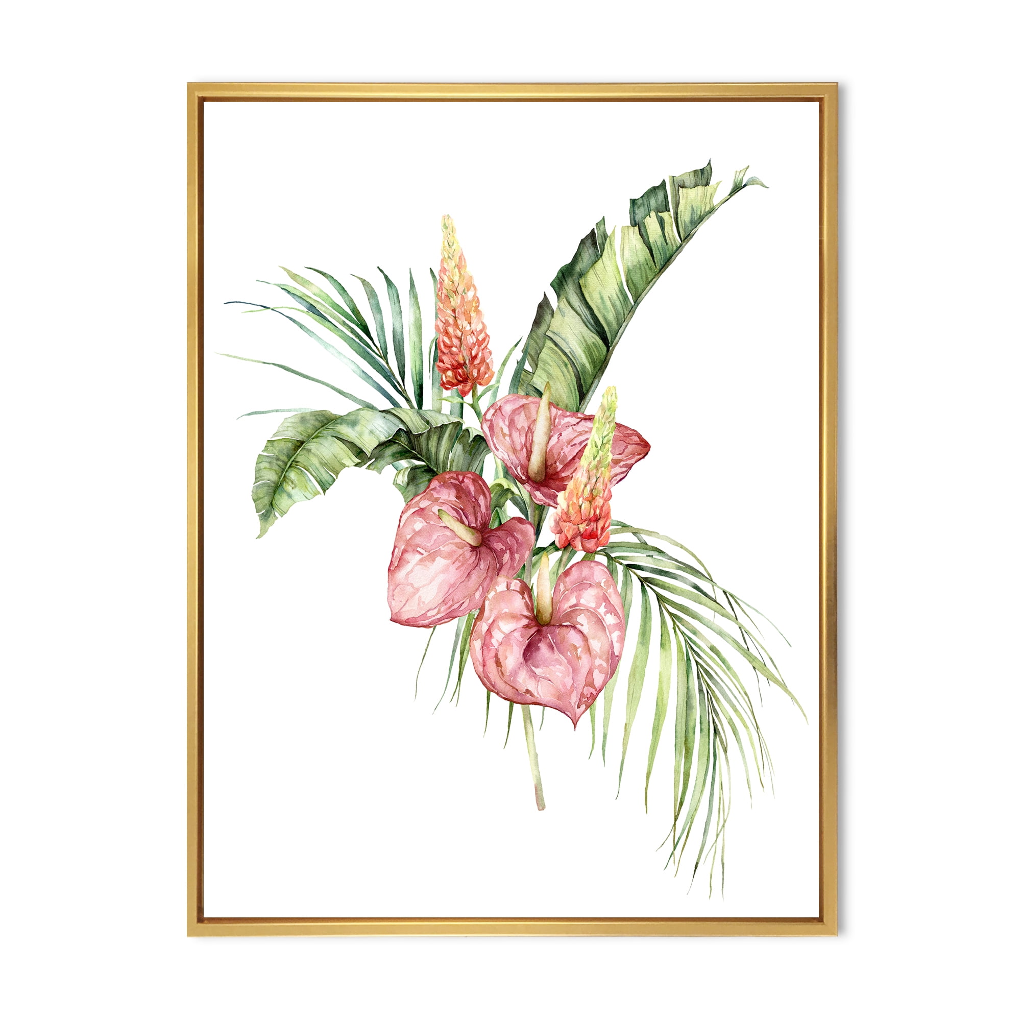 Designart 'Tropical Bouquet With Anthurium Lupine and Leaves On White II' Traditional Framed Canvas Wall Art Print
