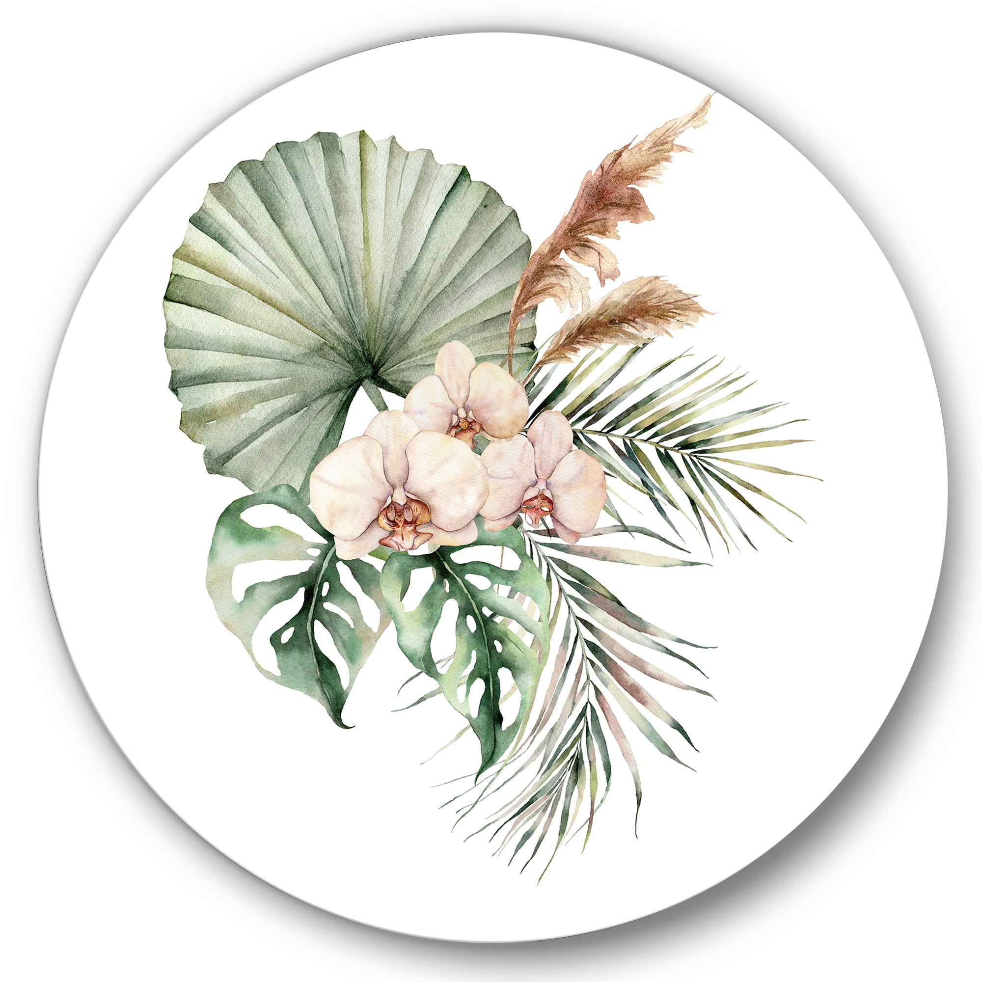 Designart 'Tropical Bouquet With Palm Orchids Leaves' Traditional Circle Metal Wall Art 29x29 - Disc of 29