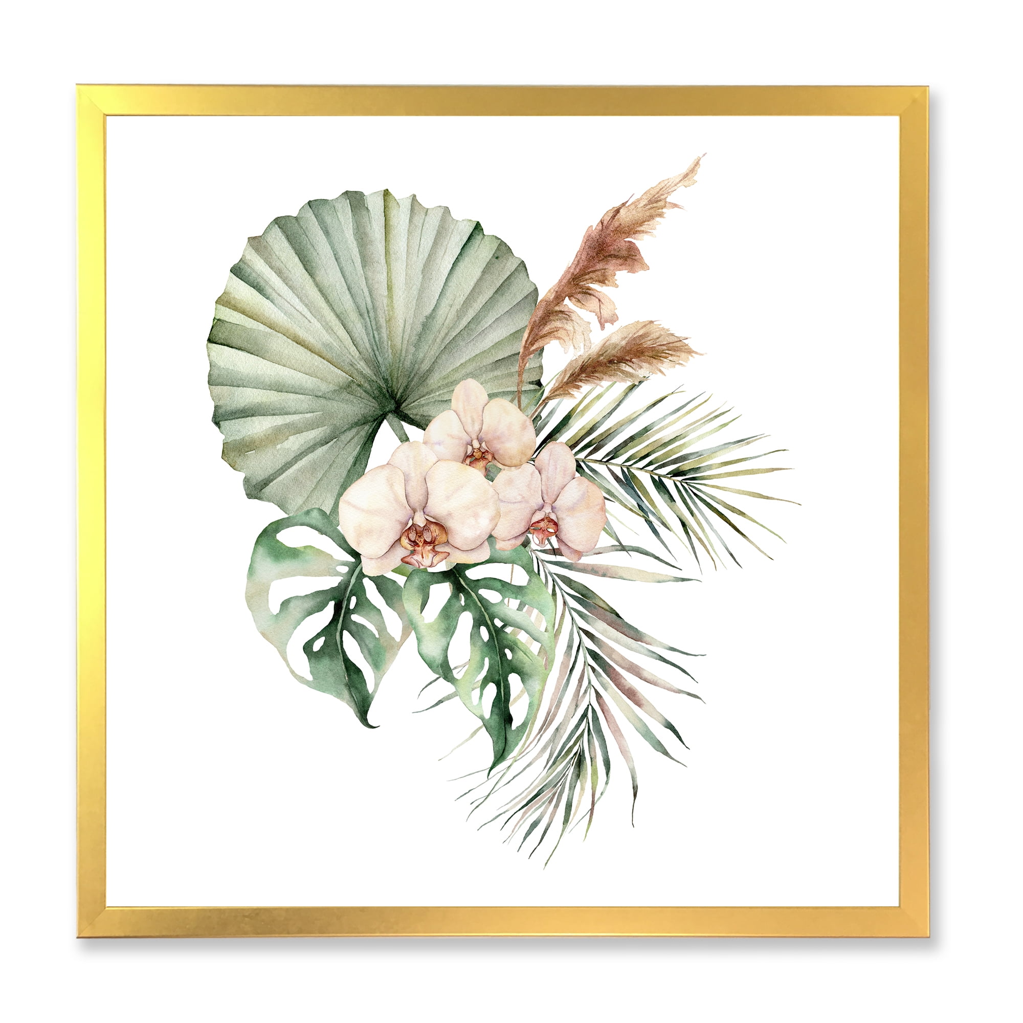 Designart 'Tropical Bouquet With Palm Orchids Leaves' Traditional Framed Art Print