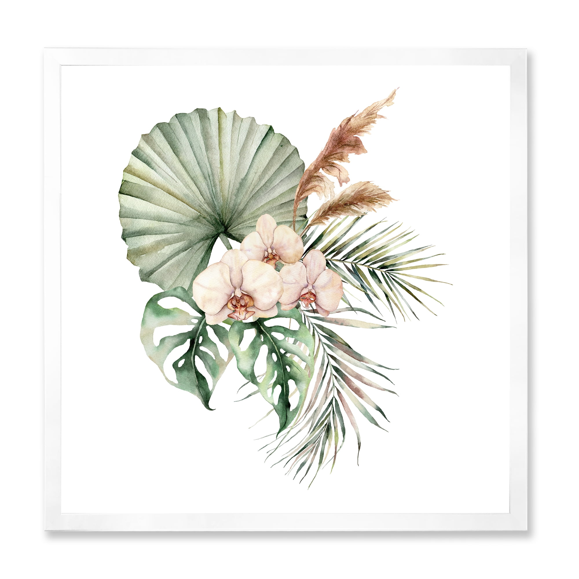 Designart 'Tropical Bouquet With Palm Orchids Leaves' Traditional Framed Art Print