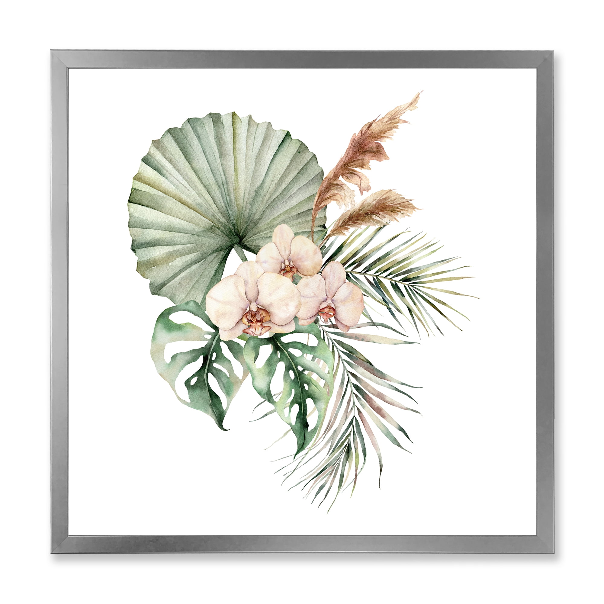 Designart 'Tropical Bouquet With Palm Orchids Leaves' Traditional Framed Art Print