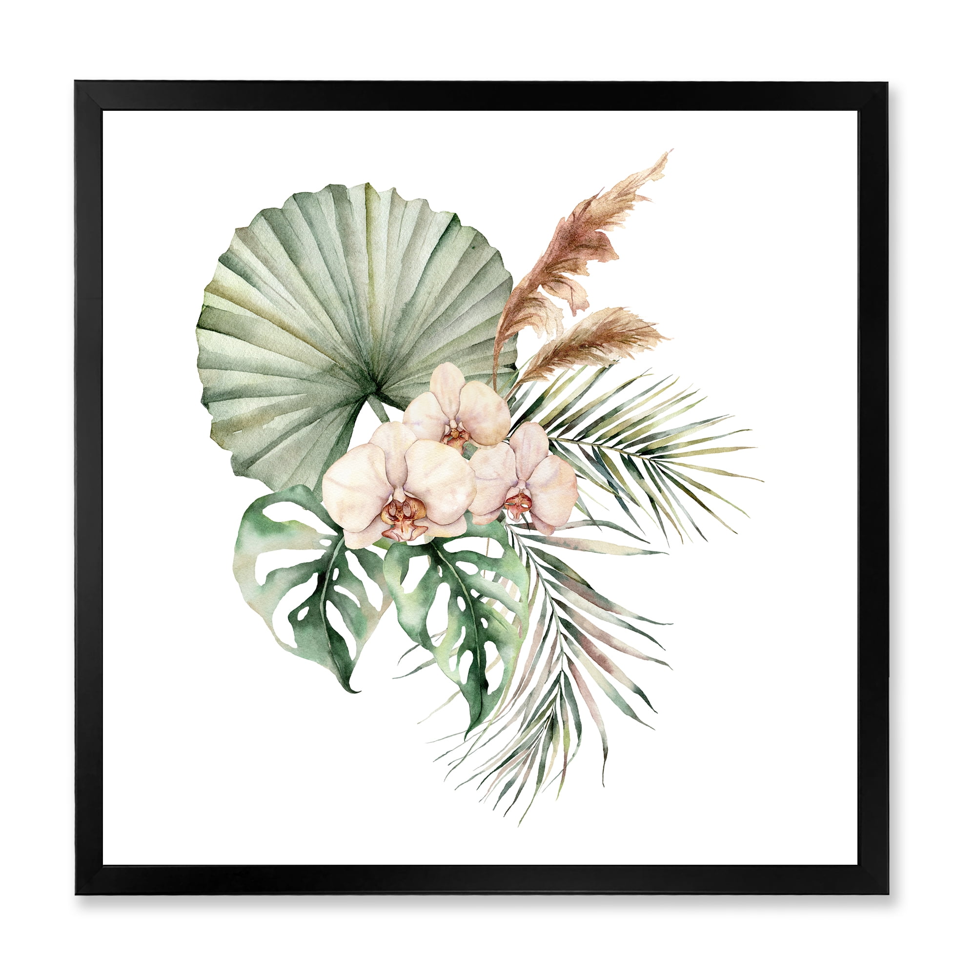 Designart 'Tropical Bouquet With Palm Orchids Leaves' Traditional Framed Art Print