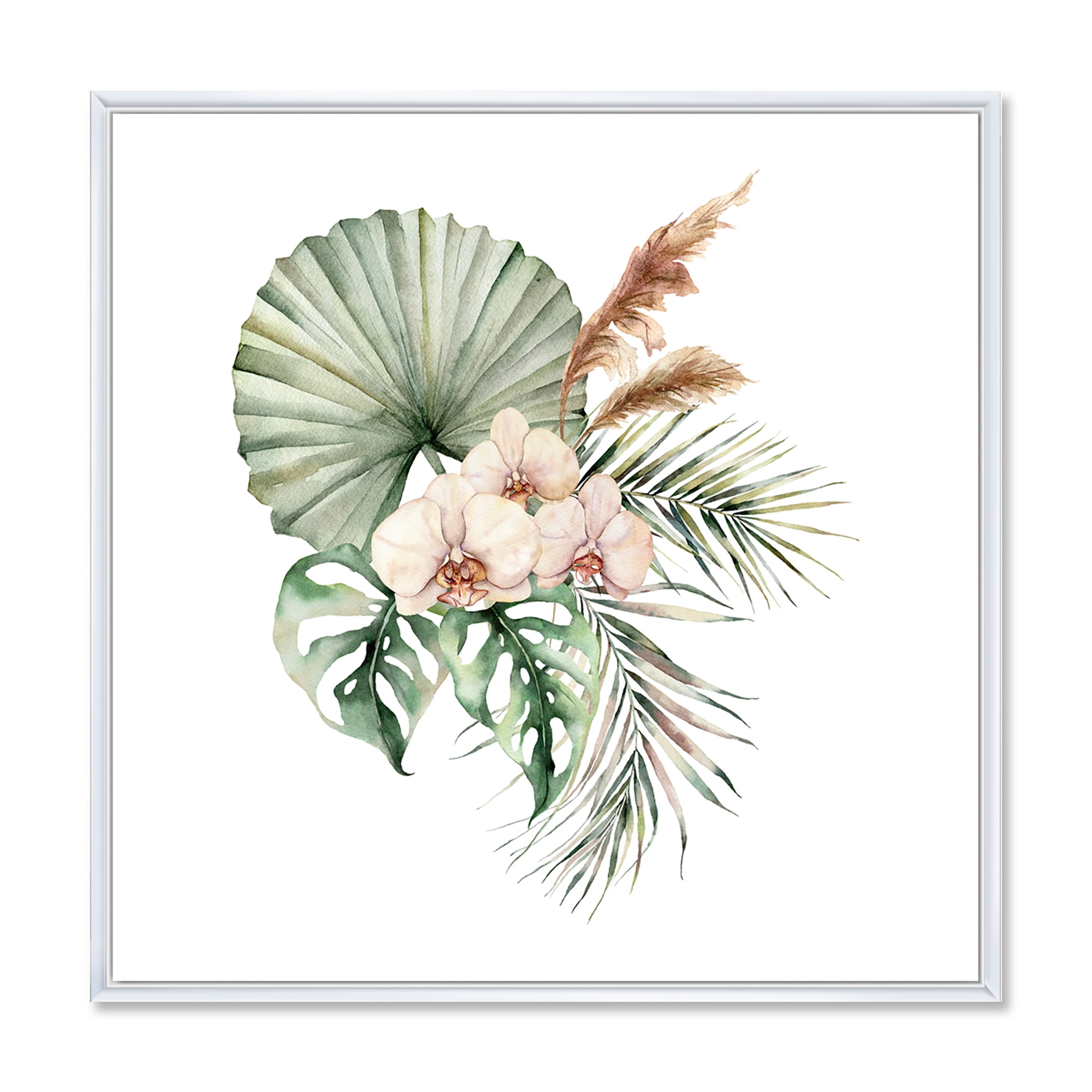 Designart 'Tropical Bouquet With Palm Orchids Leaves' Traditional Framed Canvas Wall Art Print