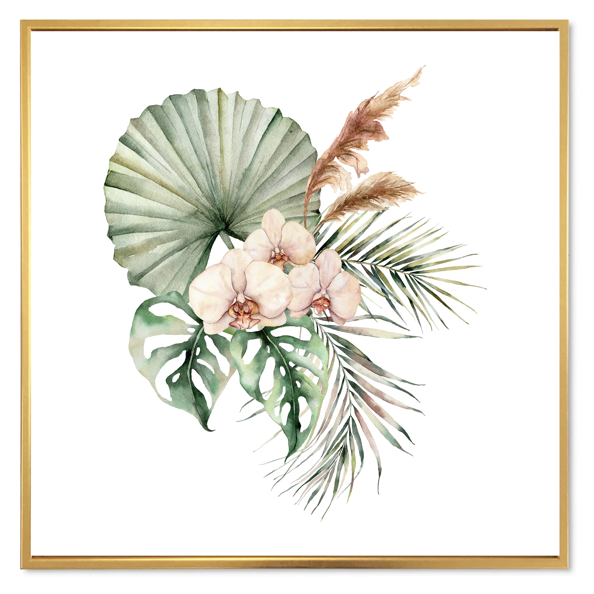 Designart 'Tropical Bouquet With Palm Orchids Leaves' Traditional Framed Canvas Wall Art Print
