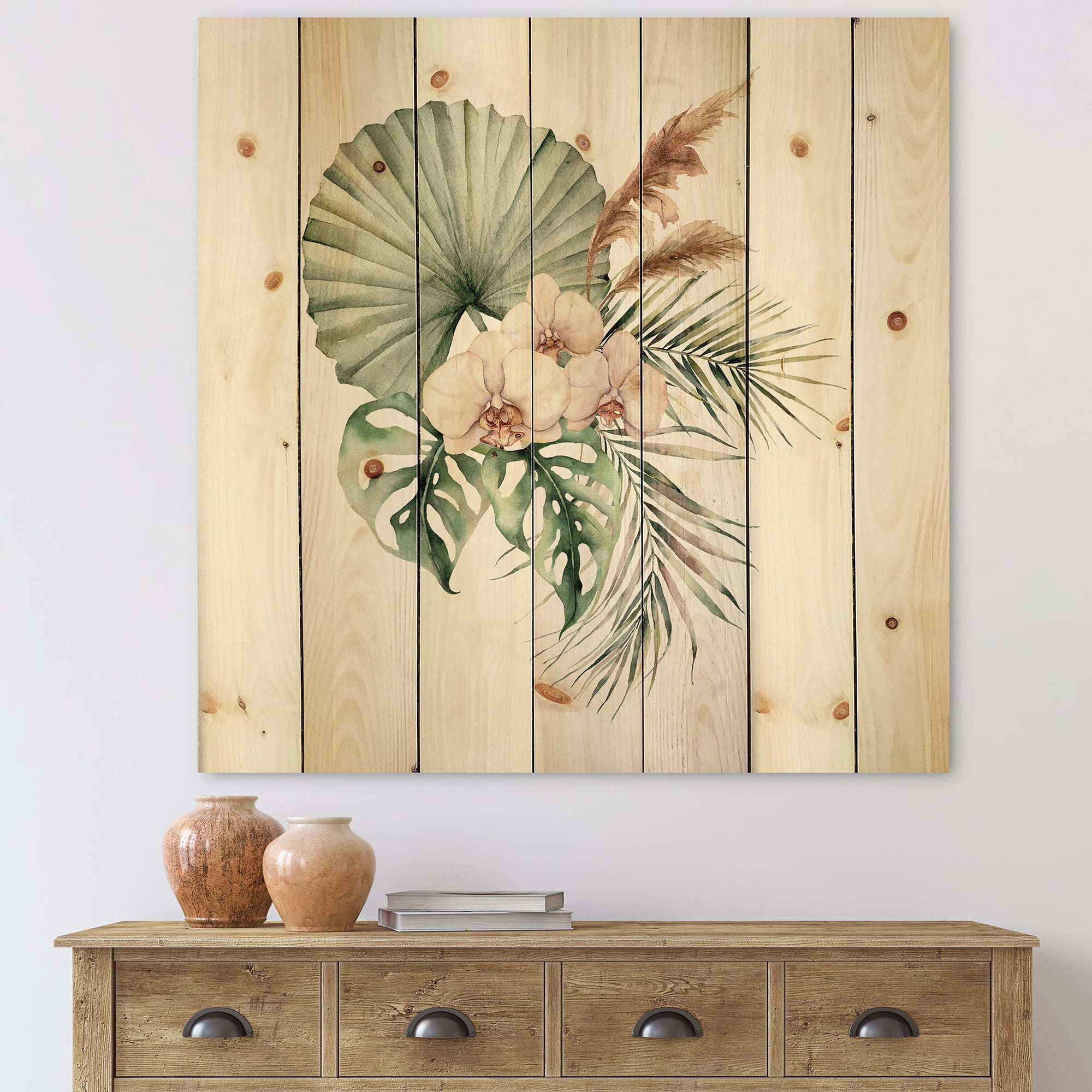 Designart 'Tropical Bouquet With Palm Orchids Leaves' Traditional Print on Natural Pine Wood