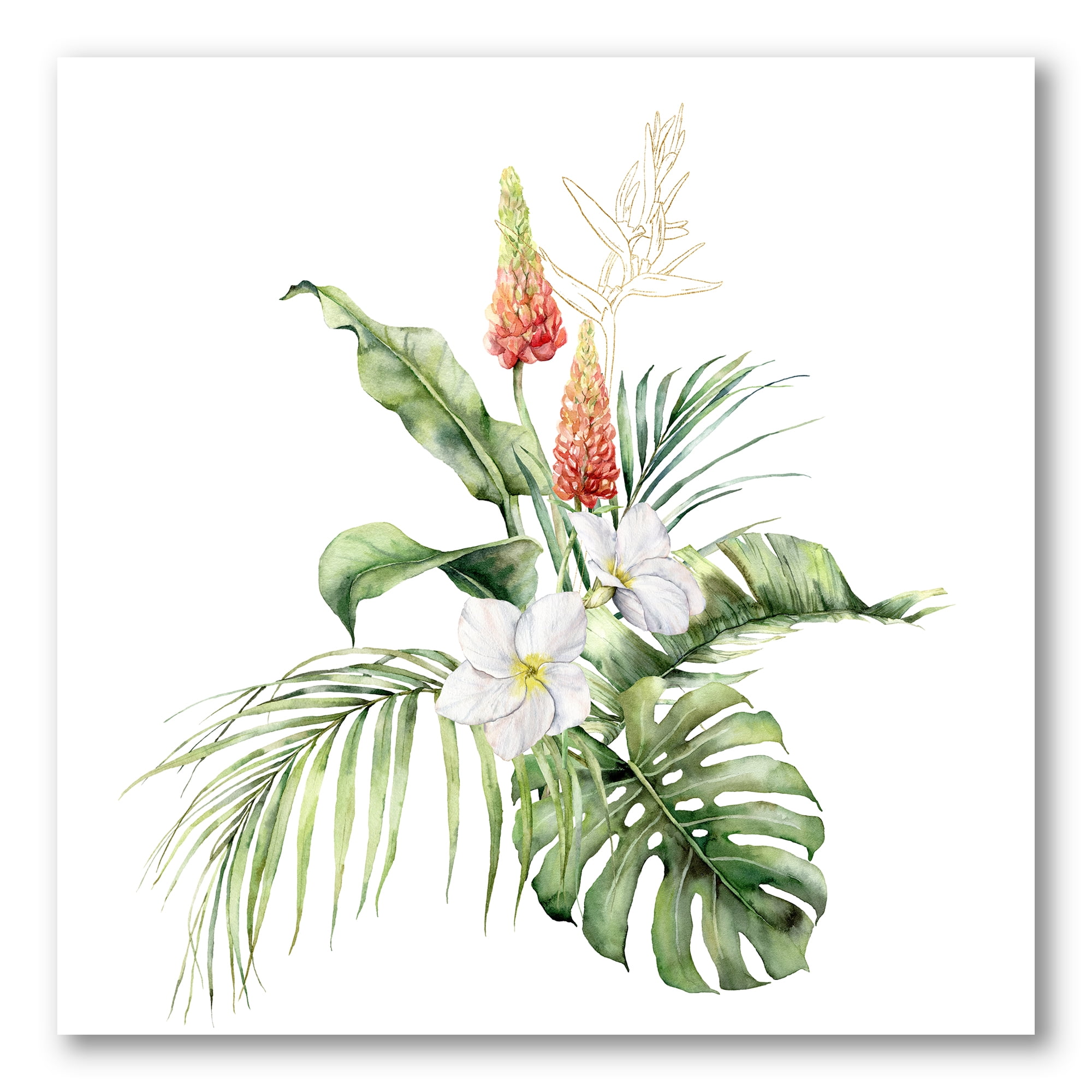 Designart ' Tropical Bouquet With Plumeria Lupine Palm Leaves ' Traditional Canvas Wall Art Print