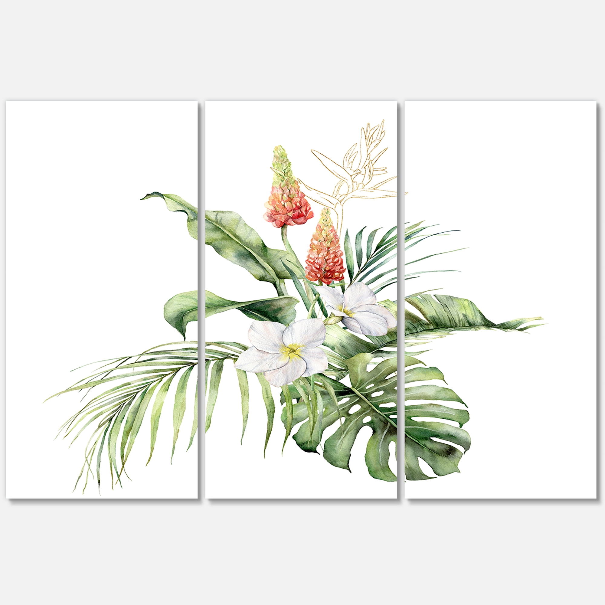 Designart ' Tropical Bouquet With Plumeria Lupine Palm Leaves ' Traditional Canvas Wall Art Print