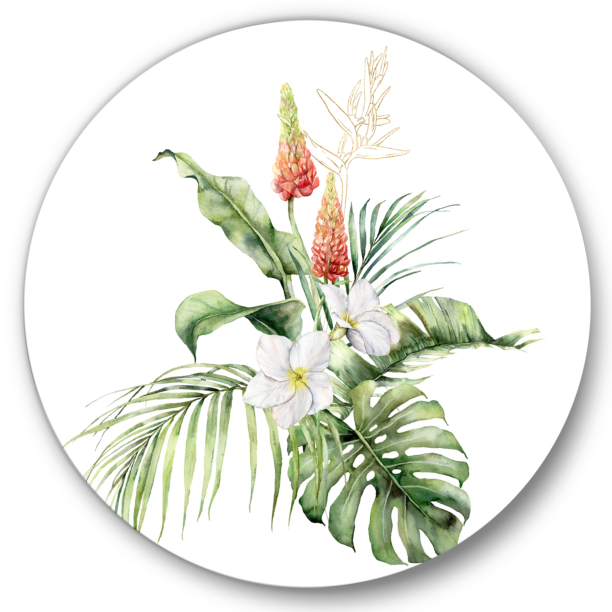 Designart 'Tropical Bouquet With Plumeria Lupine Palm Leaves' Traditional Circle Metal Wall Art 29x29 - Disc of 29