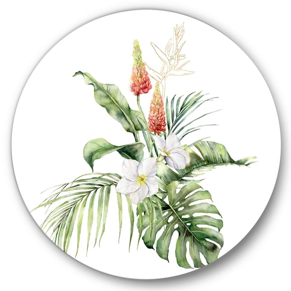 Designart 'Tropical Bouquet With Plumeria Lupine Palm Leaves' Traditional Circle Metal Wall Art 36x36 - Disc of 36