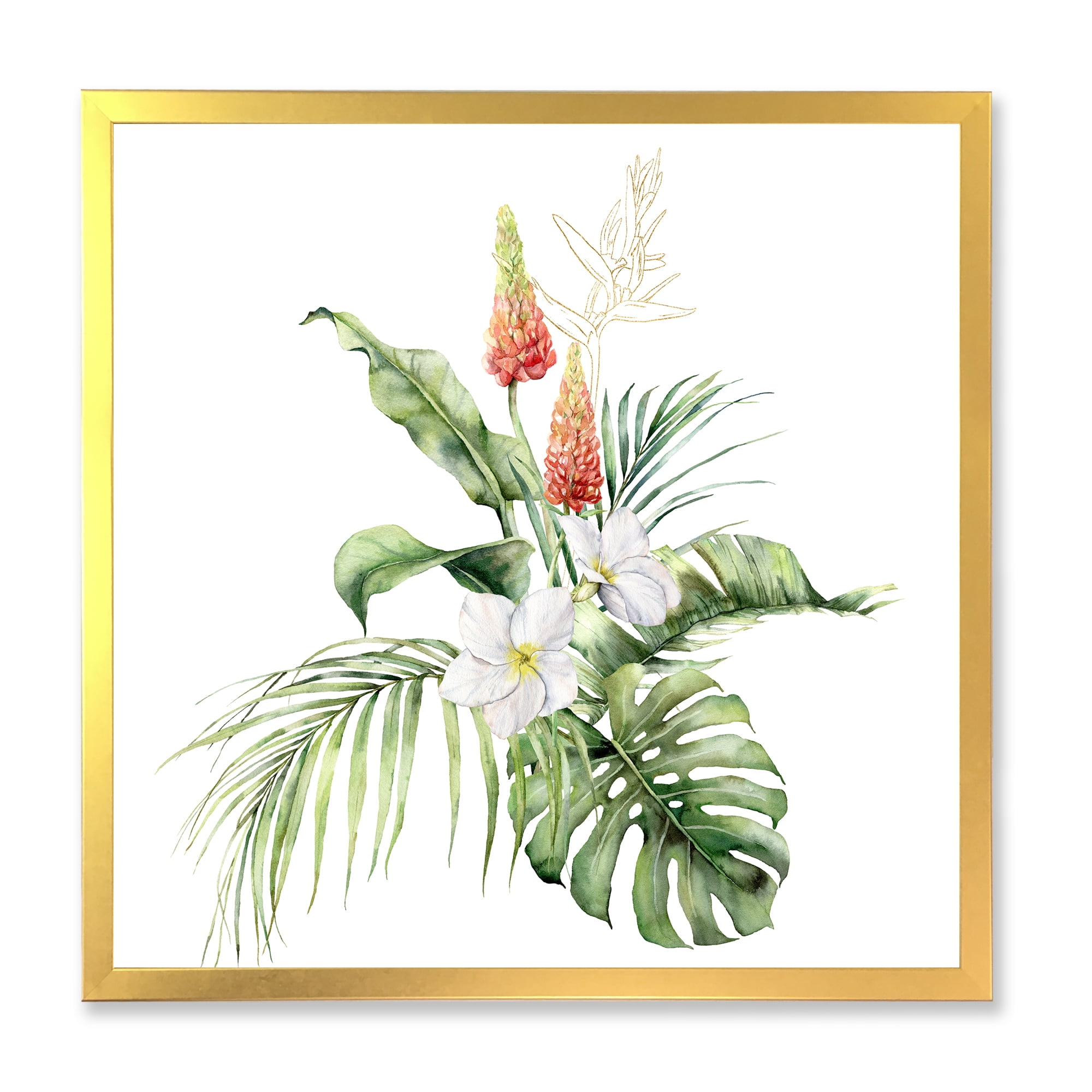 Designart 'Tropical Bouquet With Plumeria Lupine Palm Leaves' Traditional Framed Art Print