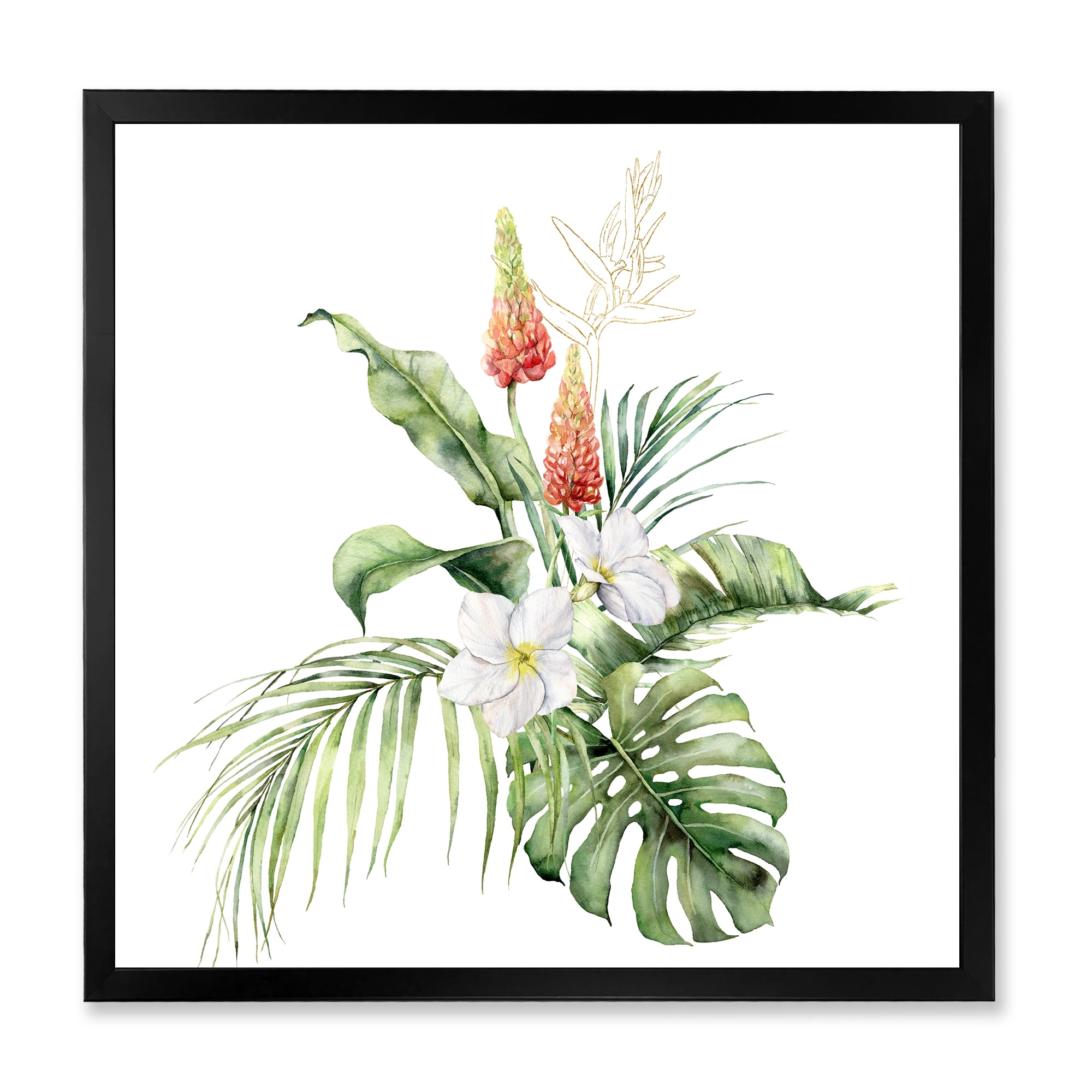 Designart 'Tropical Bouquet With Plumeria Lupine Palm Leaves' Traditional Framed Art Print