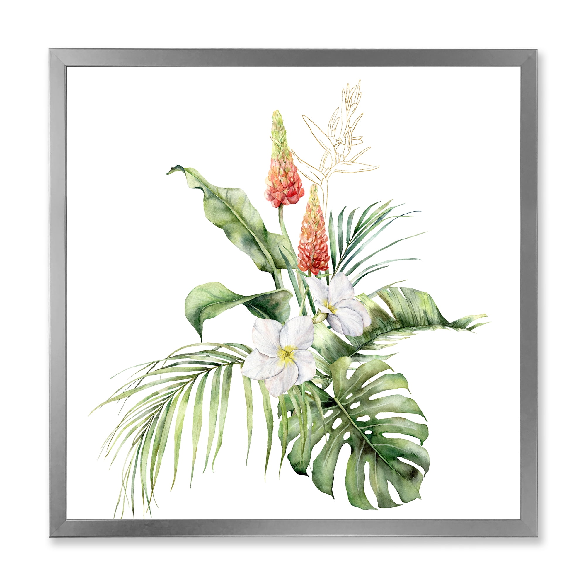 Designart 'Tropical Bouquet With Plumeria Lupine Palm Leaves' Traditional Framed Art Print