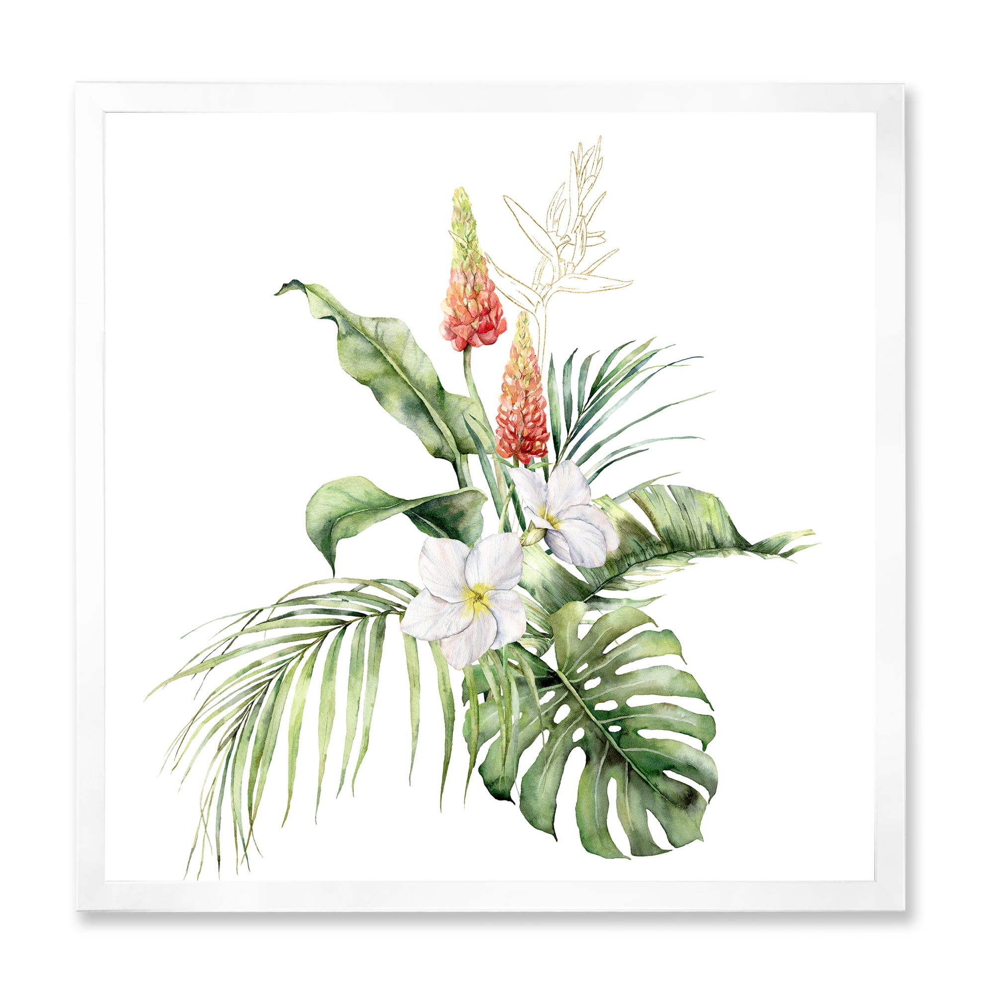 Designart 'Tropical Bouquet With Plumeria Lupine Palm Leaves' Traditional Framed Art Print