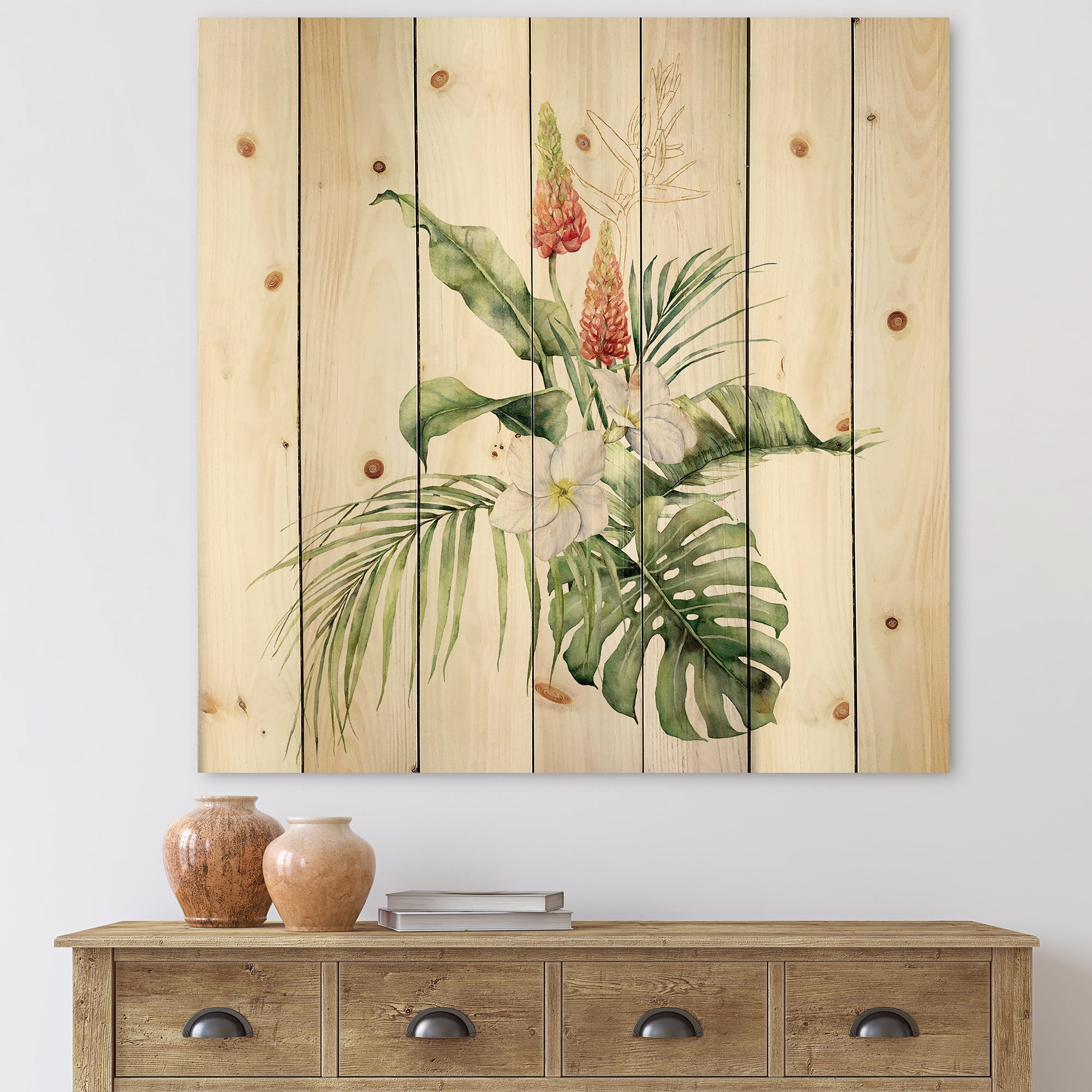 Designart 'Tropical Bouquet With Plumeria Lupine Palm Leaves' Traditional Print on Natural Pine Wood