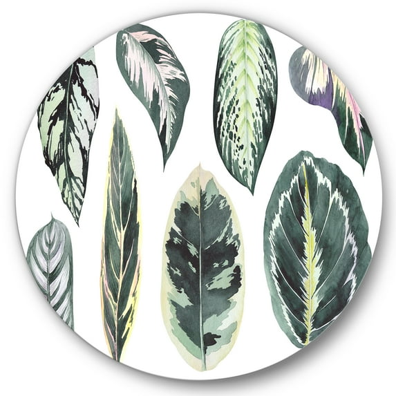 Designart 'Tropical Calathea Leaves On White' Bohemian & Eclectic Circle Metal Wall Art 29x29 - Disc of 29