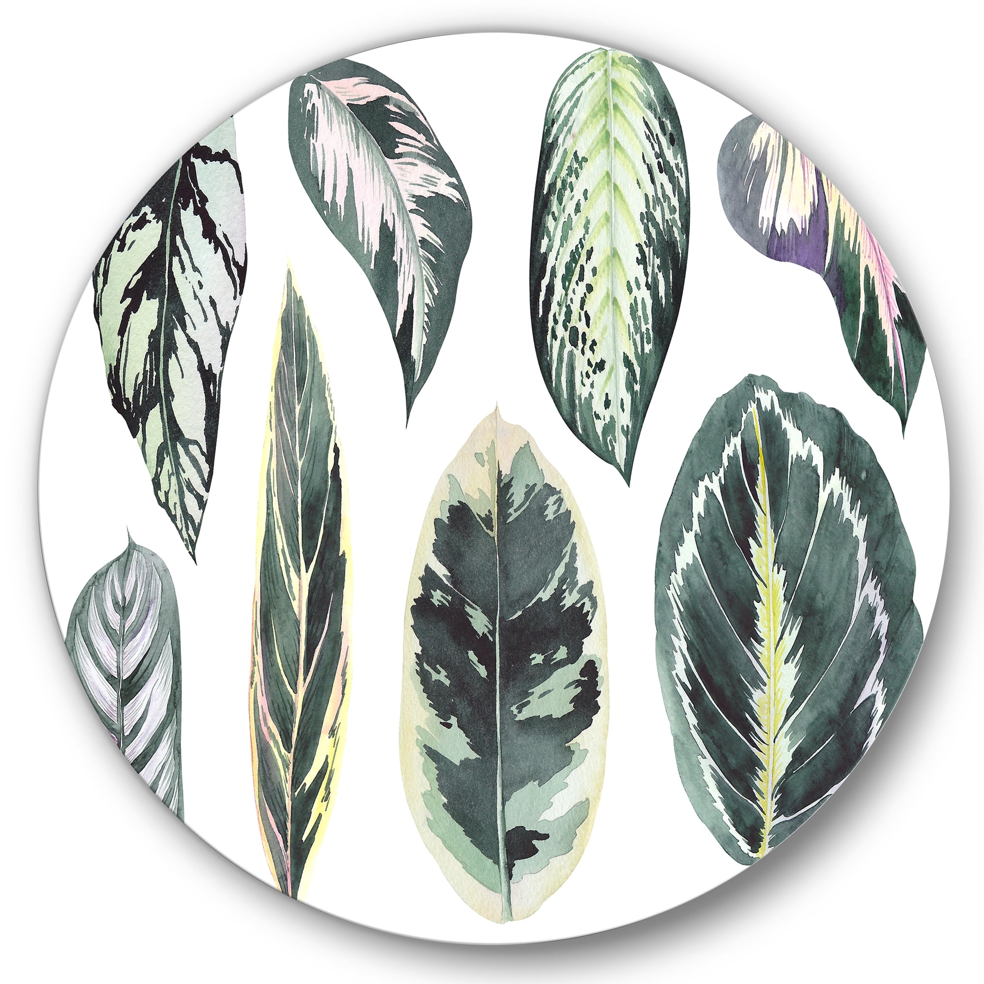 Designart 'Tropical Calathea Leaves On White' Bohemian & Eclectic Circle Metal Wall Art 36x36 - Disc of 36