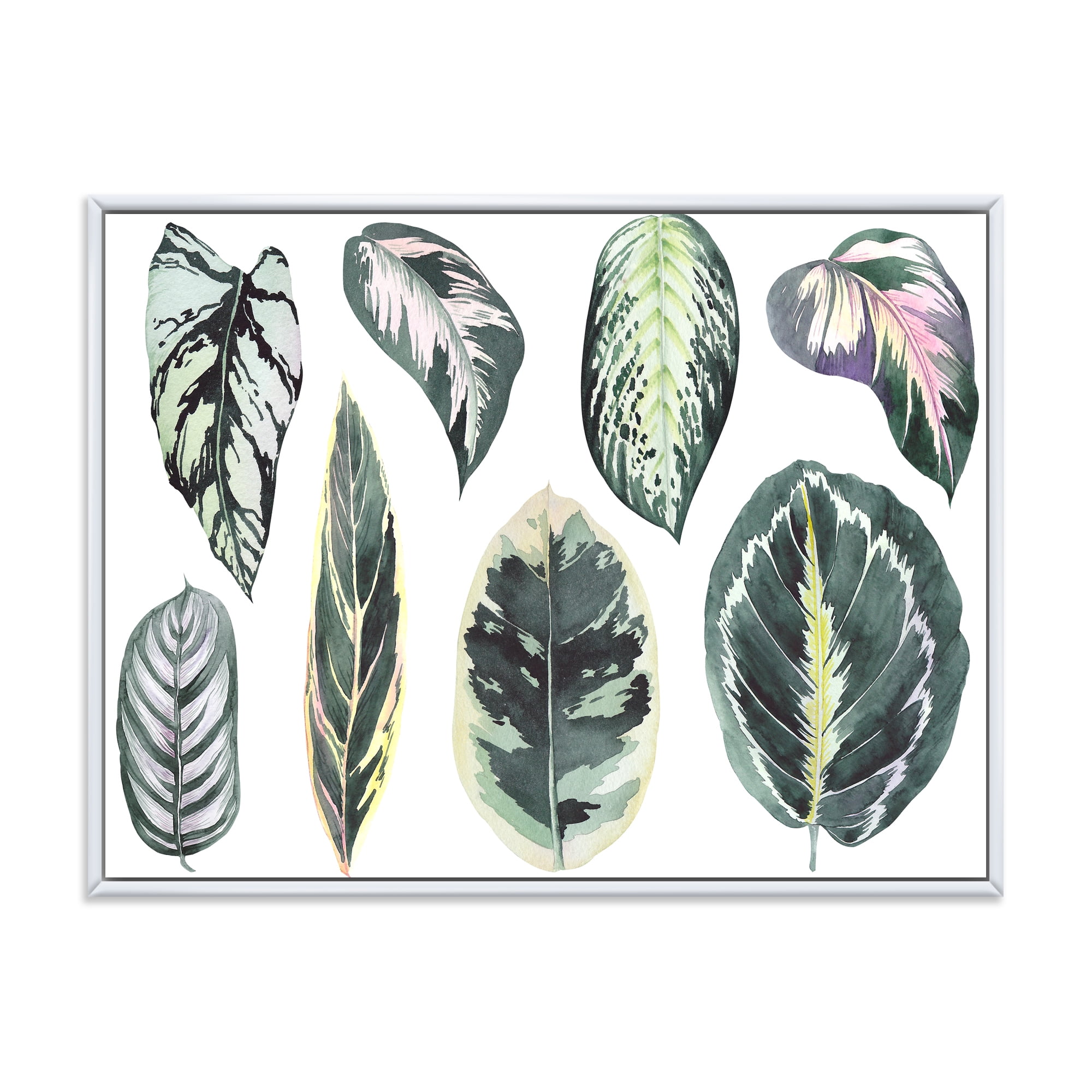 Designart 'Tropical Calathea Leaves On White' Bohemian & Eclectic Framed Canvas Wall Art Print