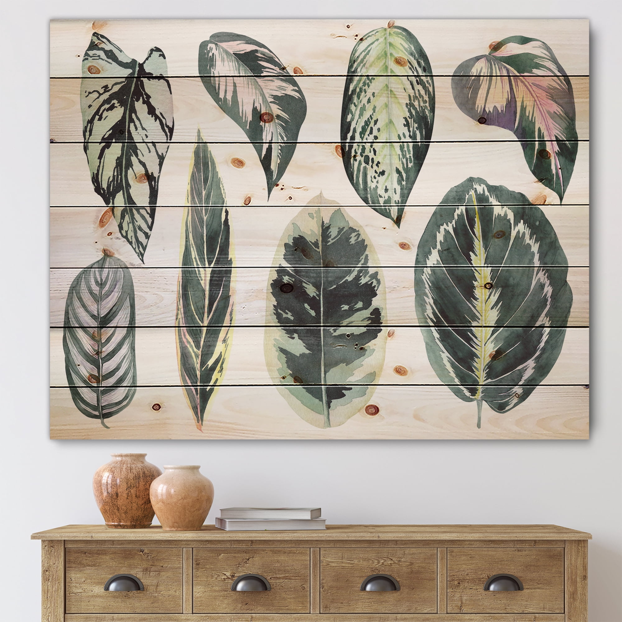 Designart 'Tropical Calathea Leaves On White' Bohemian & Eclectic Print on Natural Pine Wood