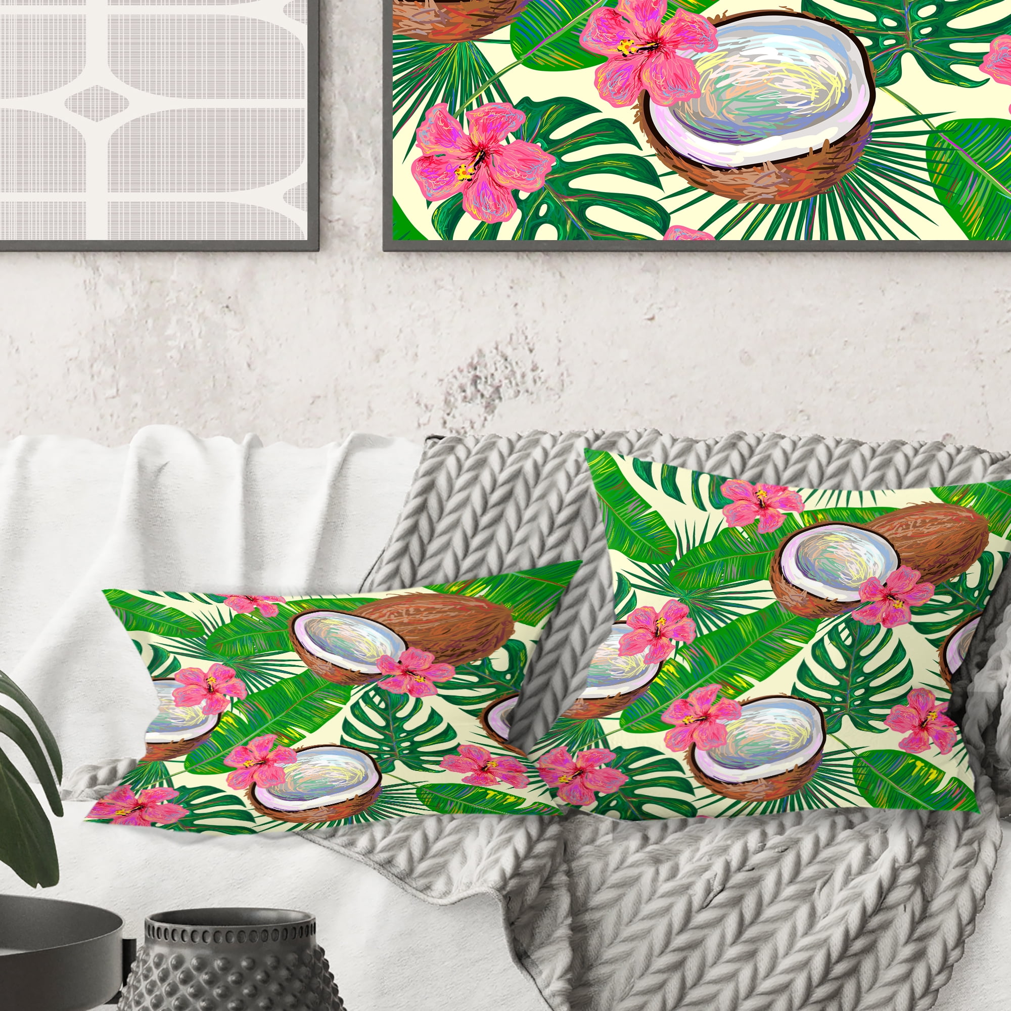 Designart Tropical Cooconut and Jungle Flowers' Mid-Century Modern Throw Pillow - 16x16