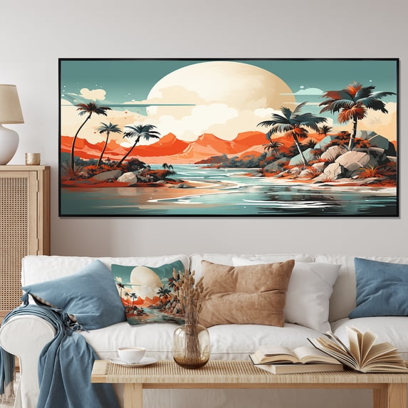 Designart "Tropical Dreams in Art Deco Sunset II" Extra Large Landscapes Framed Wall Art - Modern Green Abstract Landscapes Entryway Framed Wall Art Print