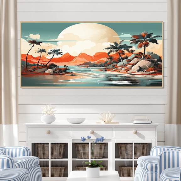 Designart "Tropical Dreams in Art Deco Sunset II" Extra Large Landscapes Framed Wall Art - Modern Green Abstract Landscapes Entryway Framed Wall Art Print