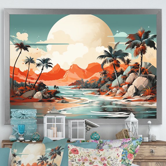 Designart "Tropical Dreams in Art Deco Sunset II" Landscapes Framed Wall Art Decor - Modern Green Abstract Landscapes Entryway Framed Wall Art