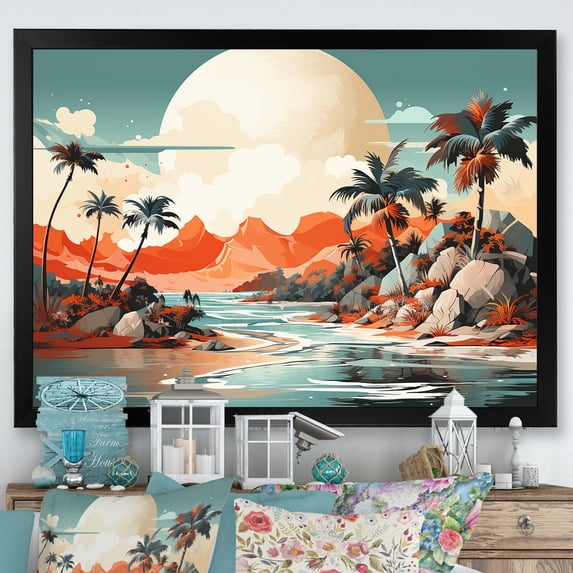 Designart "Tropical Dreams in Art Deco Sunset II" Landscapes Framed Wall Art Decor - Modern Green Abstract Landscapes Entryway Framed Wall Art