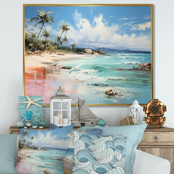 Designart "Tropical Escape at Green Beach I" Coastal Framed Wall Art - Coastal Green Coastal Tropical Living Room Framed Canvas Art