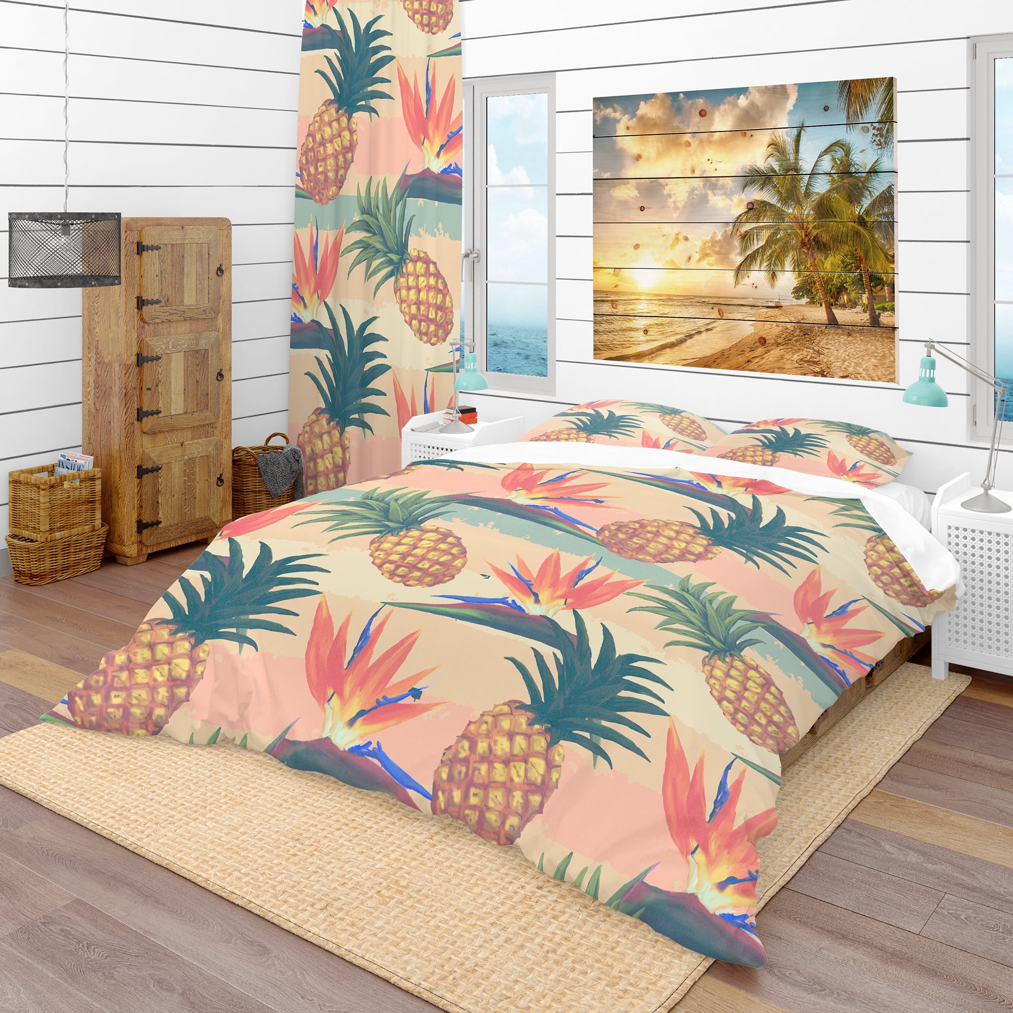 Designart 'Tropical Exotic Flowers & Pineapple Pattern' Tropical Duvet Cover Set