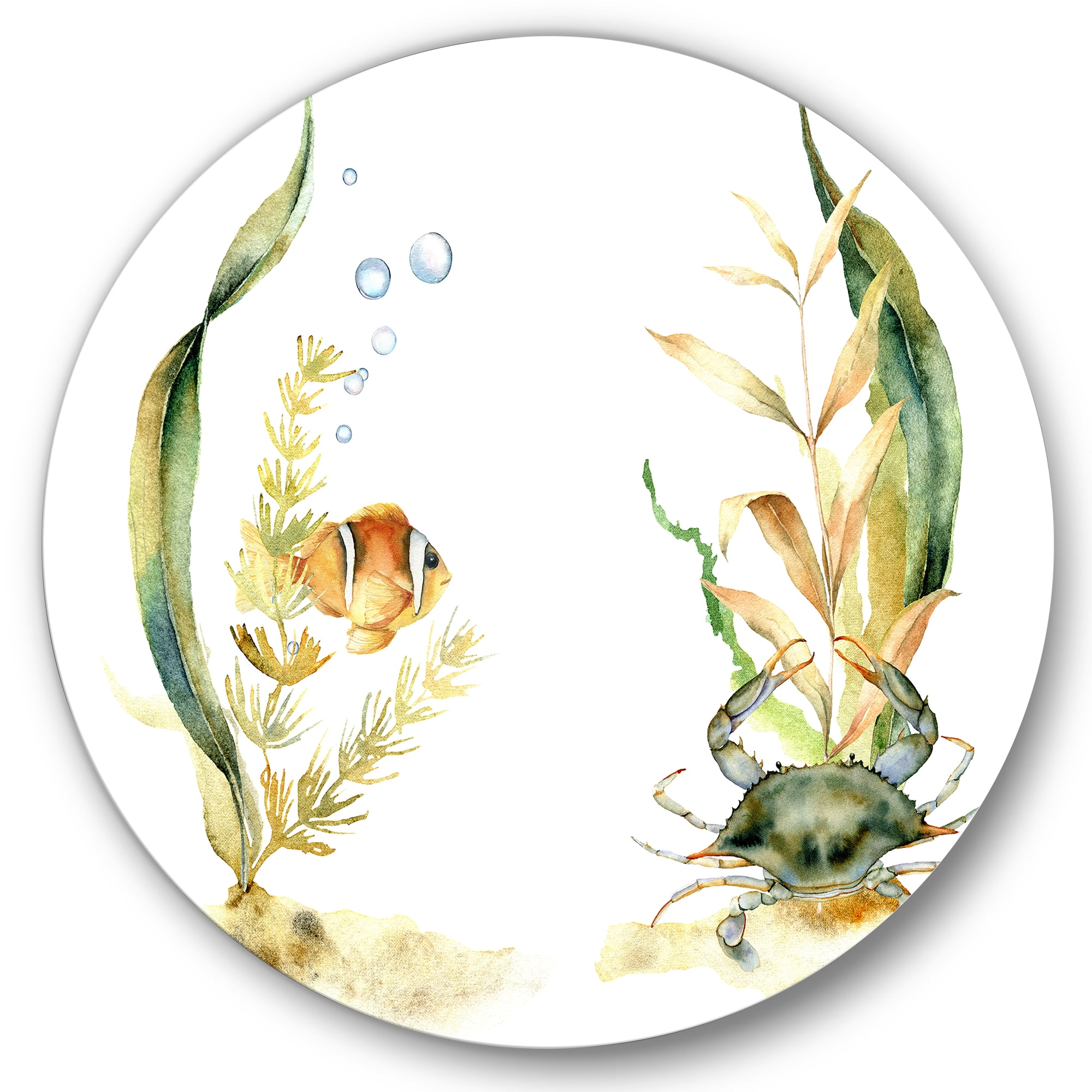Designart 'Tropical Fish With Air Bubble and Algae' Traditional Circle Metal Wall Art 11x11 - Disc of 11