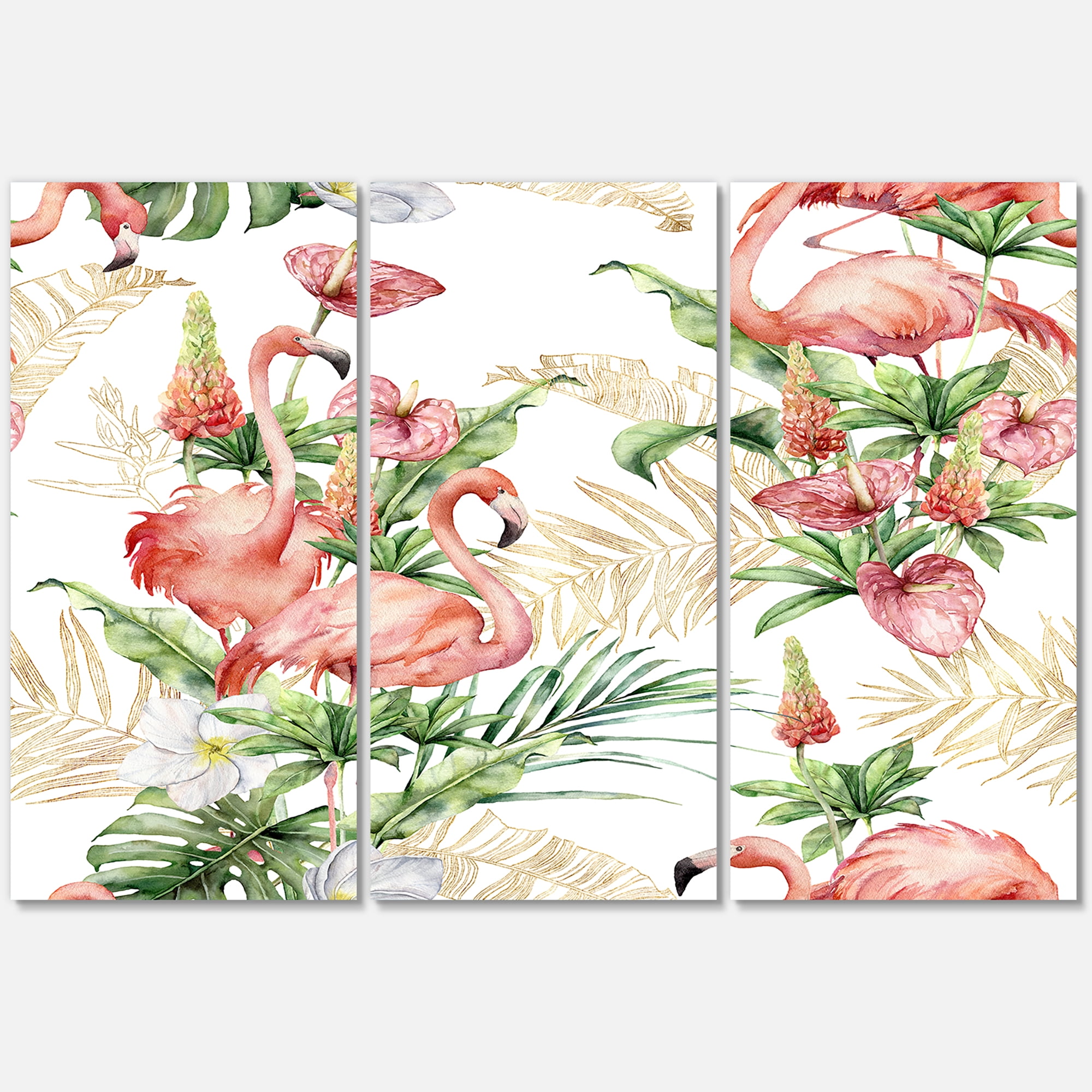 Designart ' Tropical Flowers & Gold Leaves With Pink Flamingos ' Traditional Canvas Wall Art Print