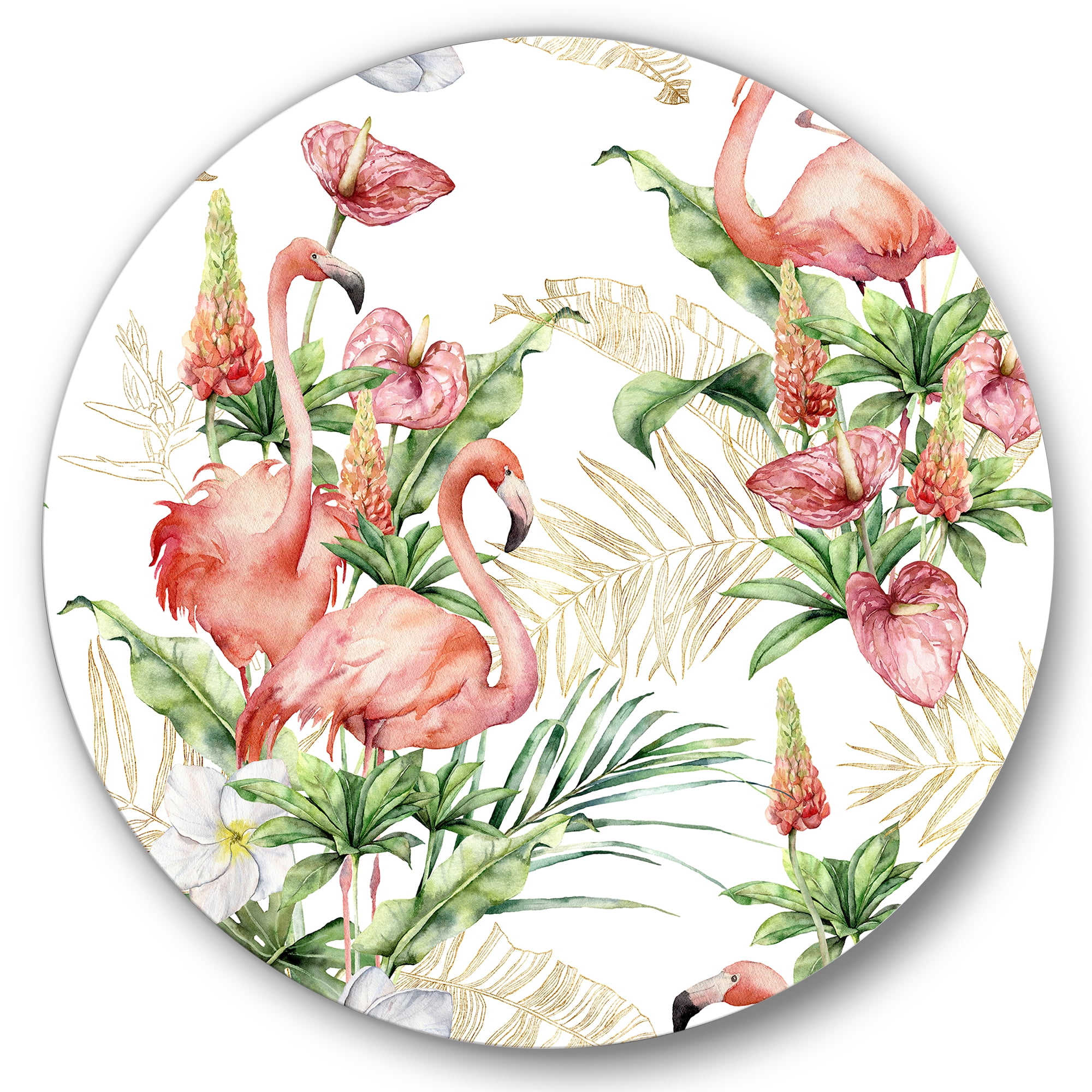 Designart 'Tropical Flowers & Gold Leaves With Pink Flamingos' Traditional Circle Metal Wall Art 36x36 - Disc of 36
